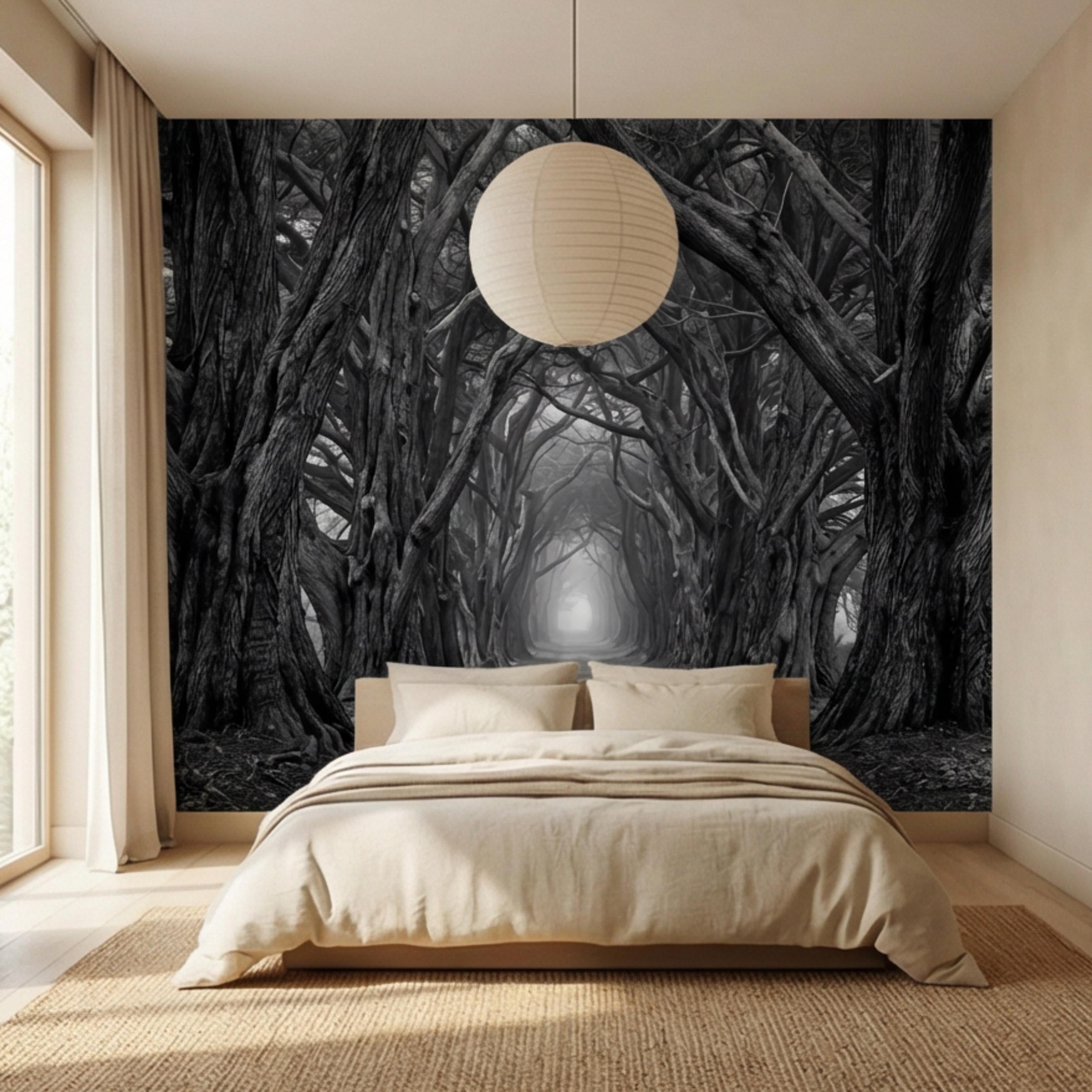 Dark Forest Tree Tunnel Peel and Stick Wall Mural, Gothic Black and White Woodland Wallpaper