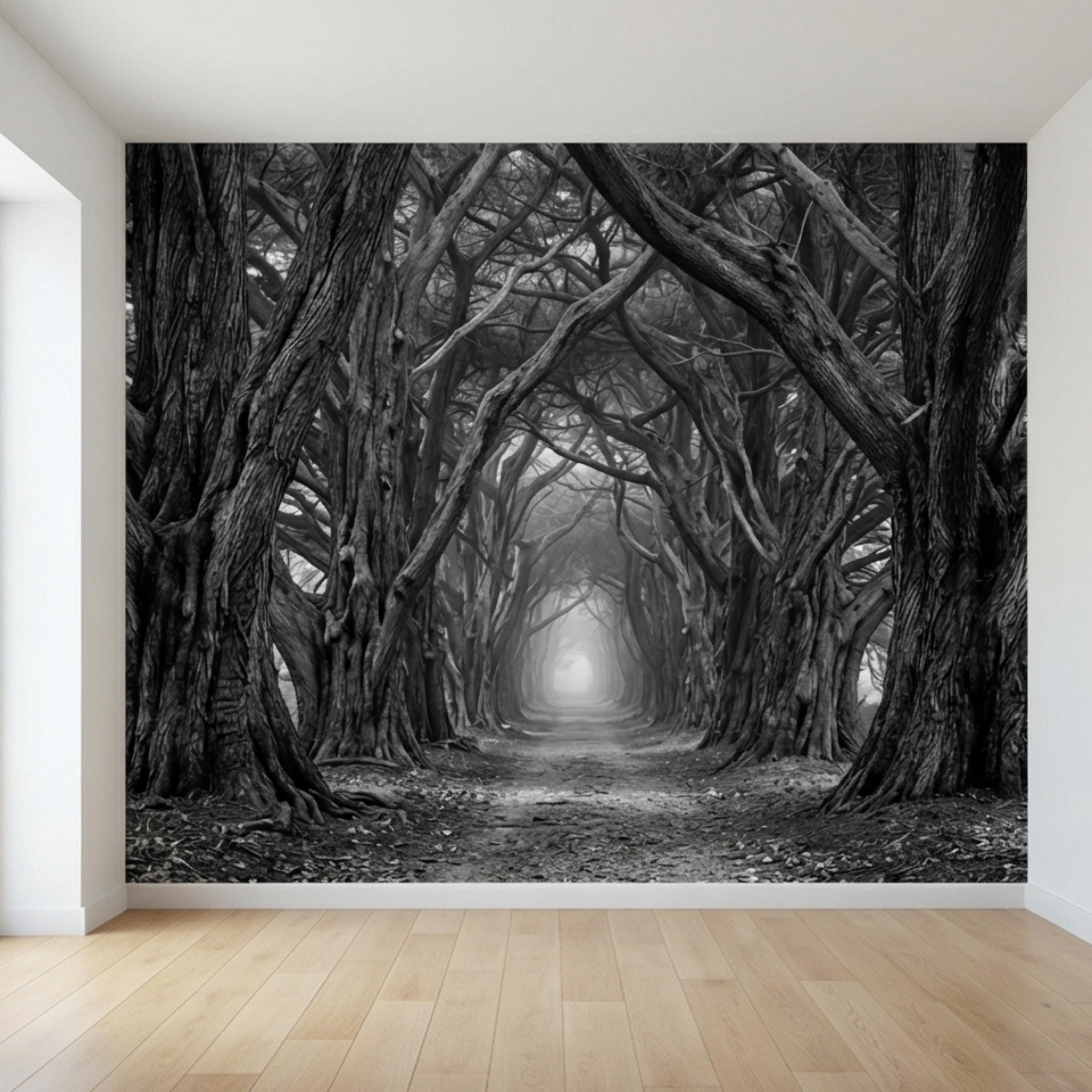 Dark Forest Tree Tunnel Peel and Stick Wall Mural, Gothic Black and White Woodland Wallpaper