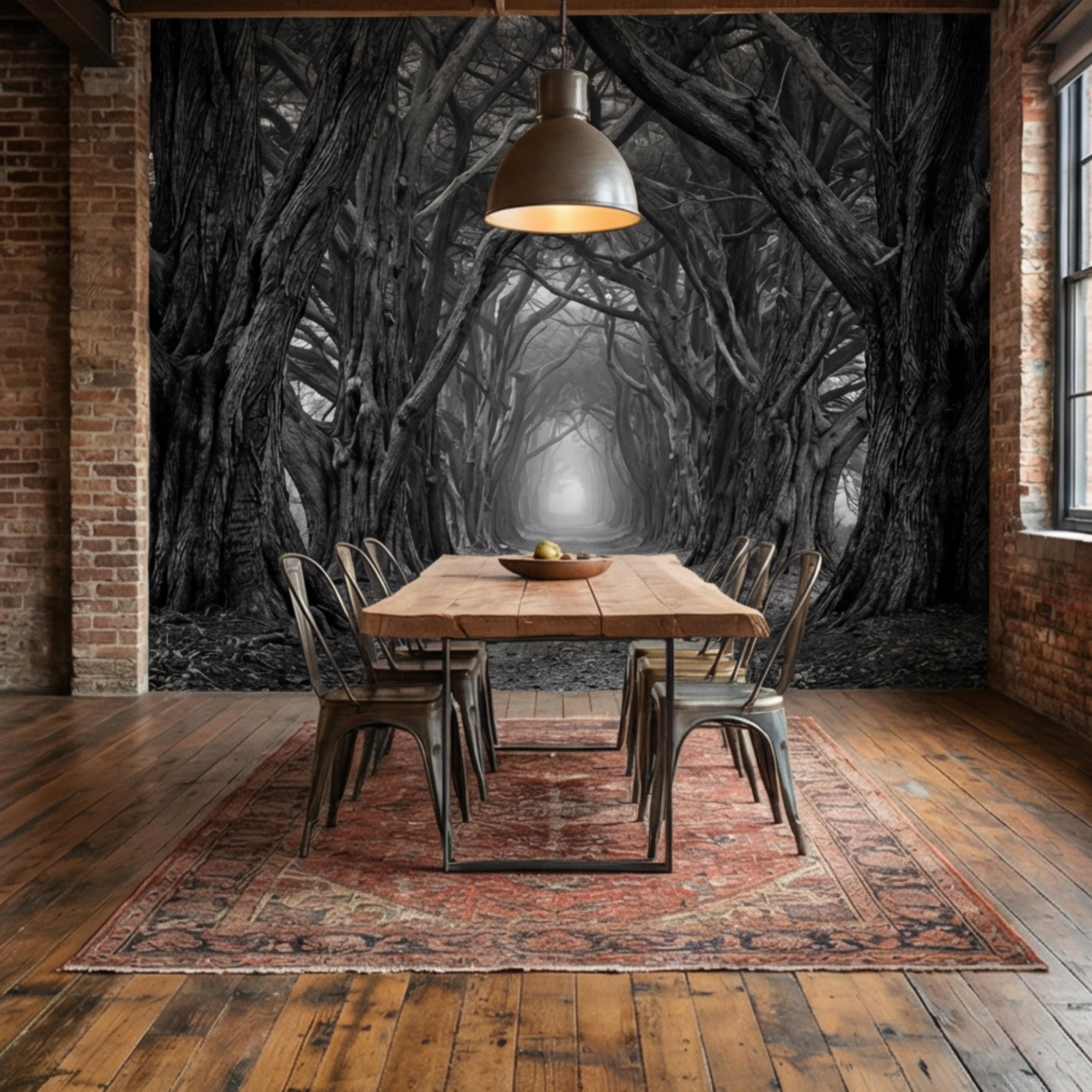 Dark Forest Tree Tunnel Peel and Stick Wall Mural, Gothic Black and White Woodland Wallpaper