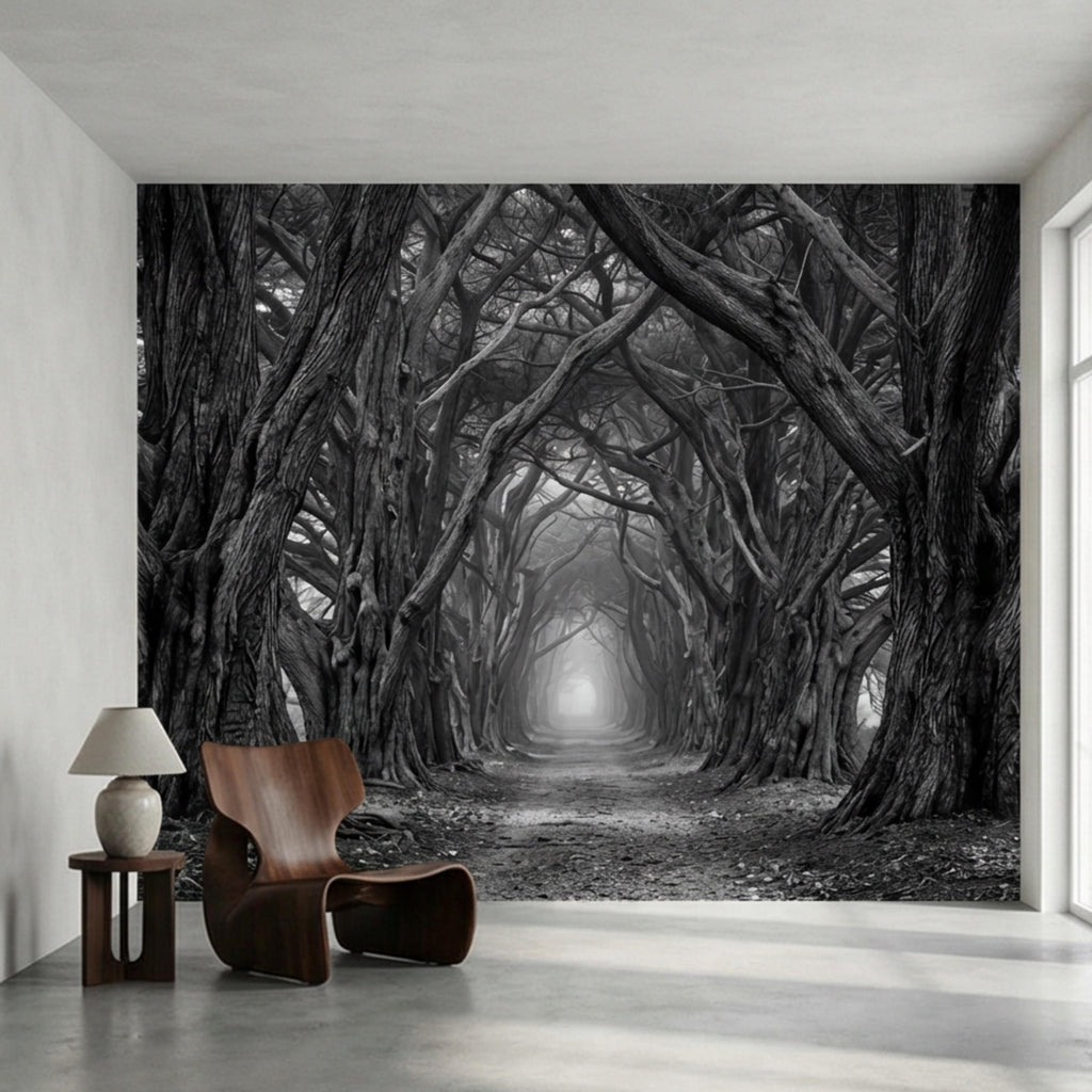 Dark Forest Tree Tunnel Peel and Stick Wall Mural, Gothic Black and White Woodland Wallpaper