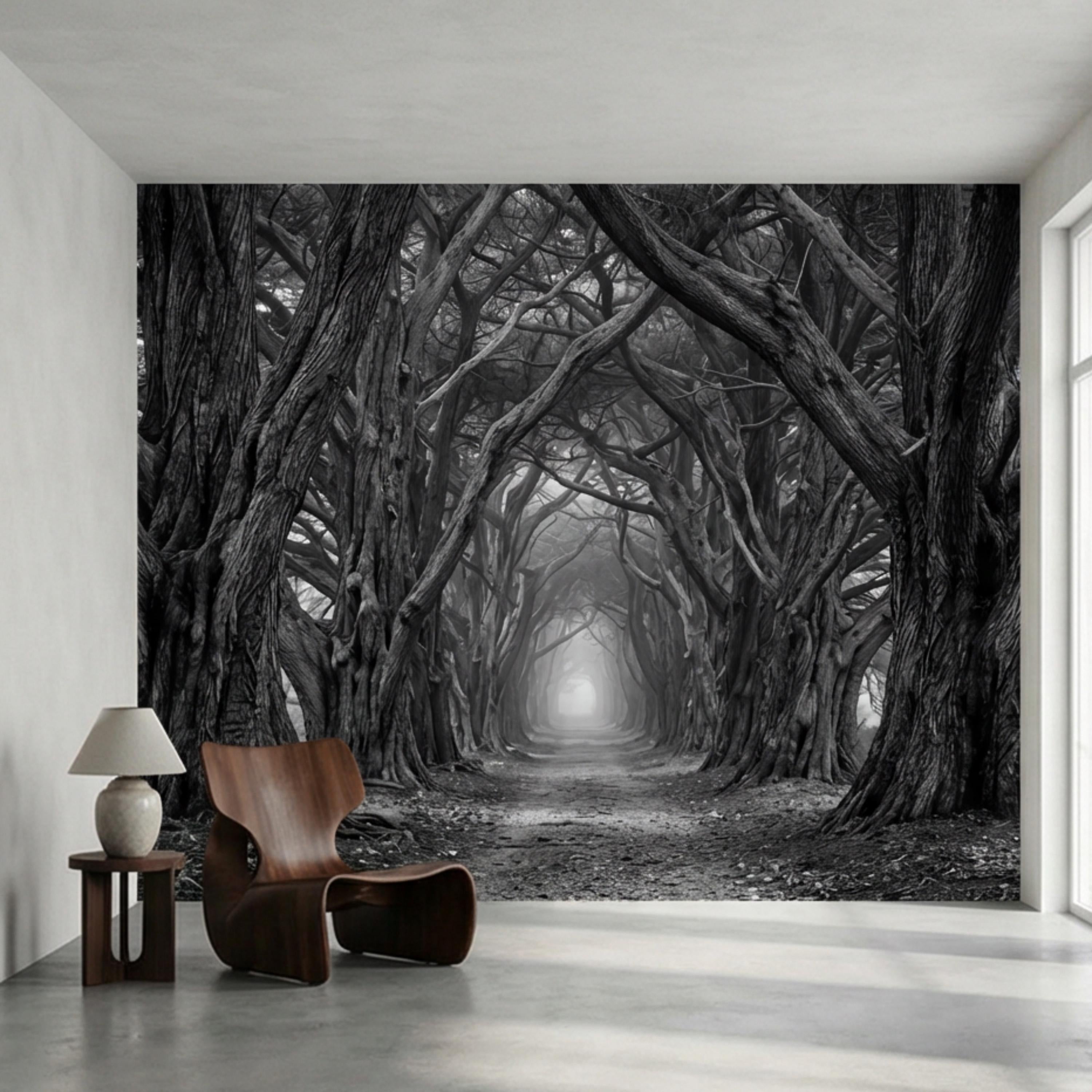 Dark Forest Tree Tunnel Peel and Stick Wall Mural, Gothic Black and White Woodland Wallpaper