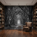 Dark Forest Tree Tunnel Peel and Stick Wall Mural, Gothic Black and White Woodland Wallpaper