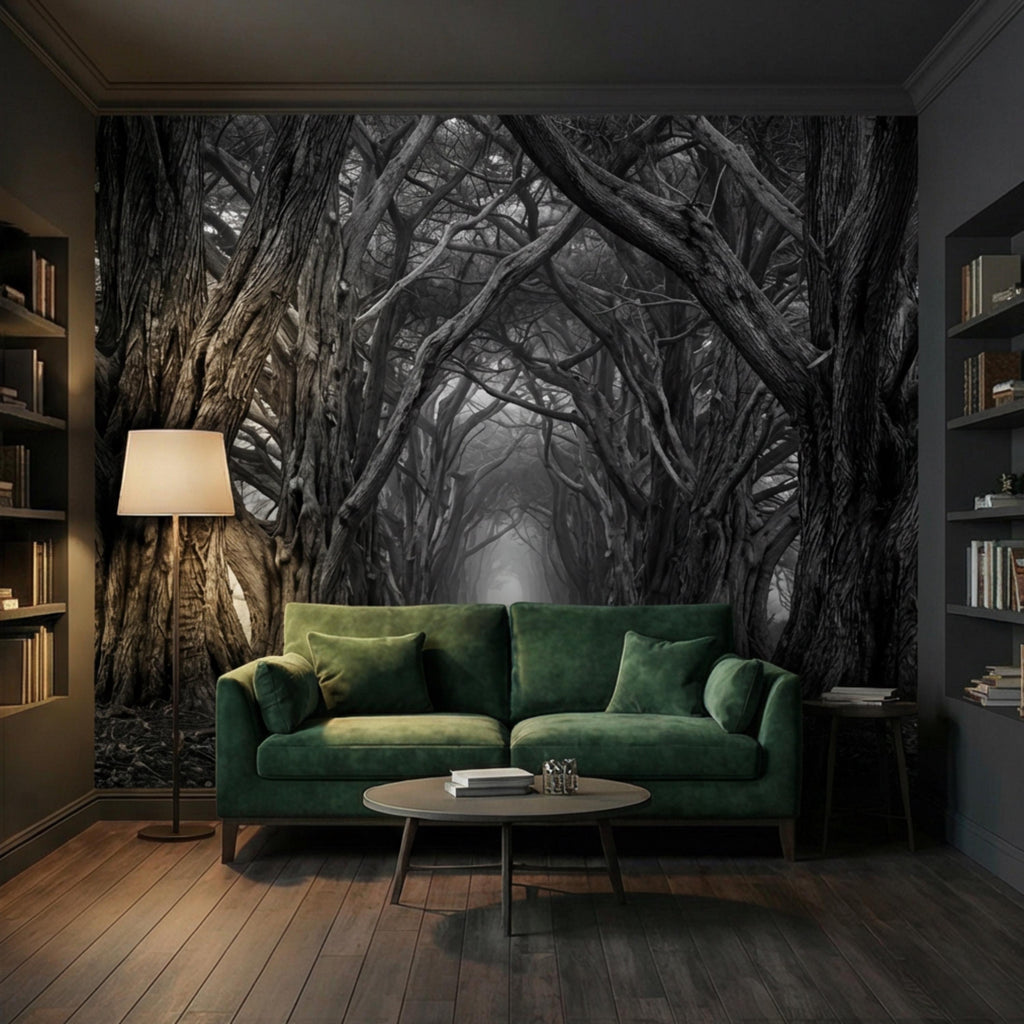 Dark Forest Tree Tunnel Peel and Stick Wall Mural, Gothic Black and White Woodland Wallpaper