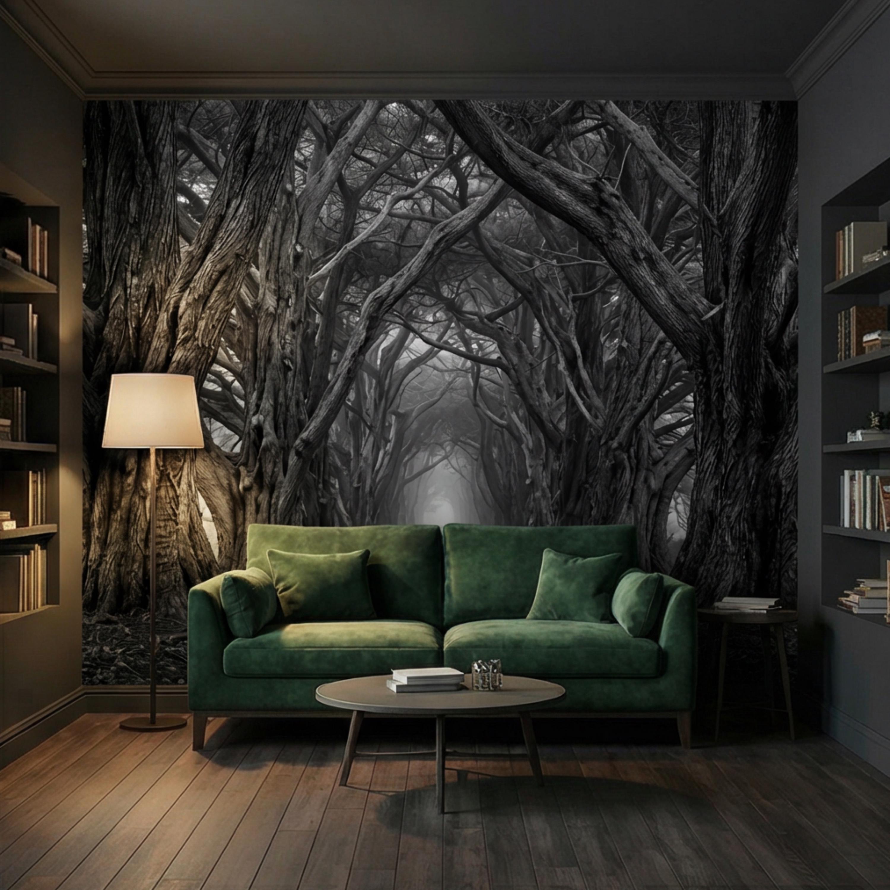 Dark Forest Tree Tunnel Peel and Stick Wall Mural, Gothic Black and White Woodland Wallpaper