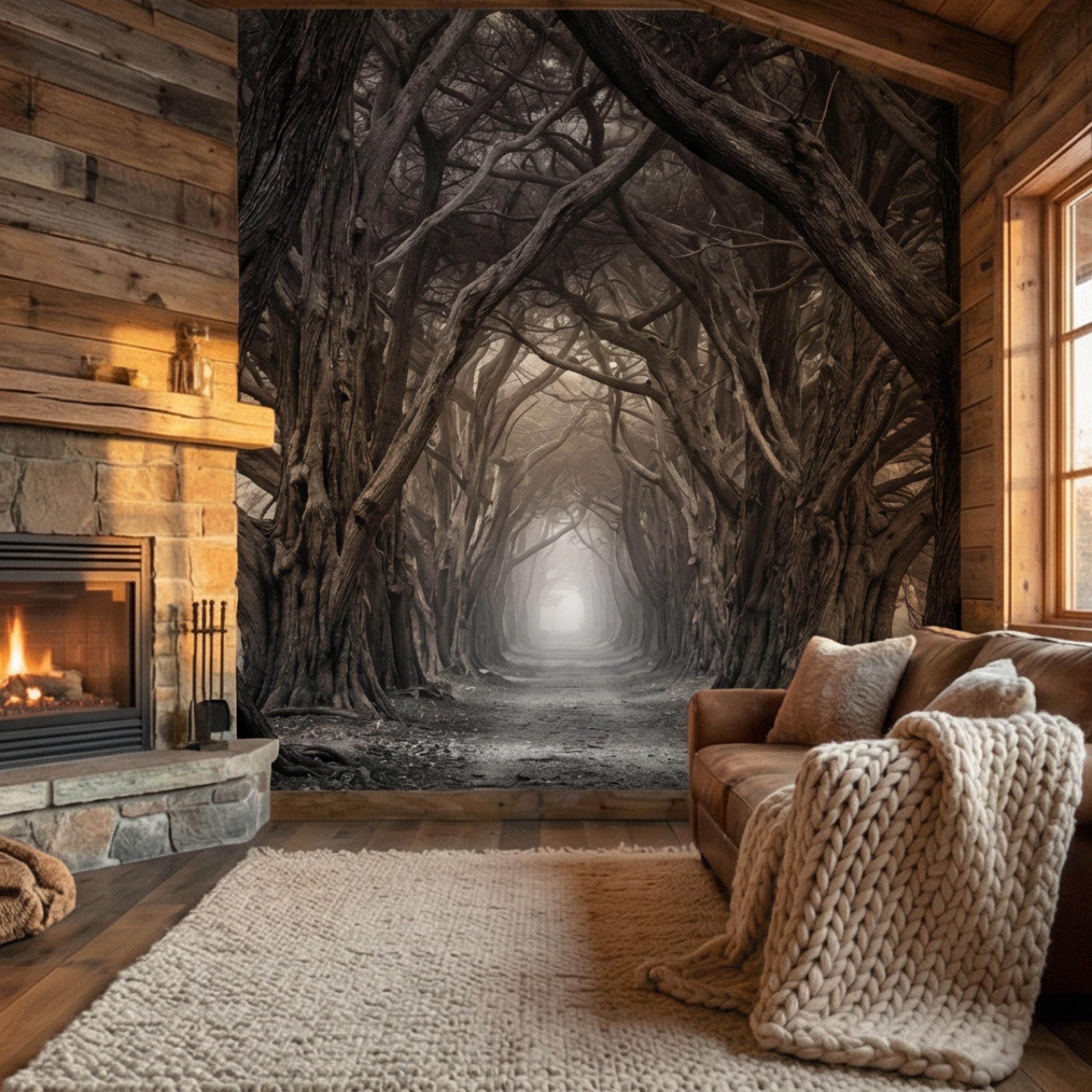 Dark Forest Tree Tunnel Peel and Stick Wall Mural, Gothic Black and White Woodland Wallpaper