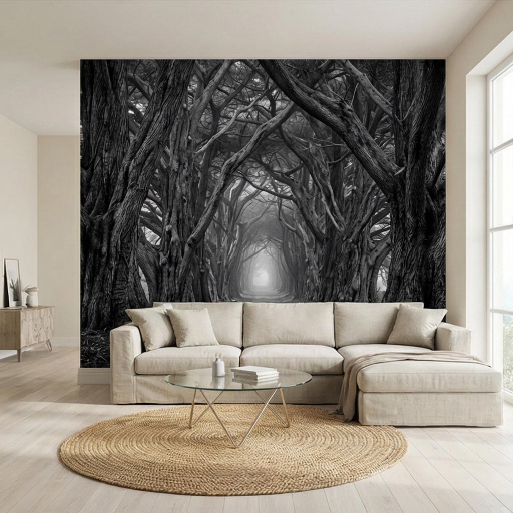 Dark Forest Tree Tunnel Peel and Stick Wall Mural, Gothic Black and White Woodland Wallpaper