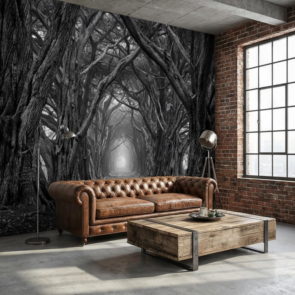 Dark Forest Tree Tunnel Peel and Stick Wall Mural, Gothic Black and White Woodland Wallpaper