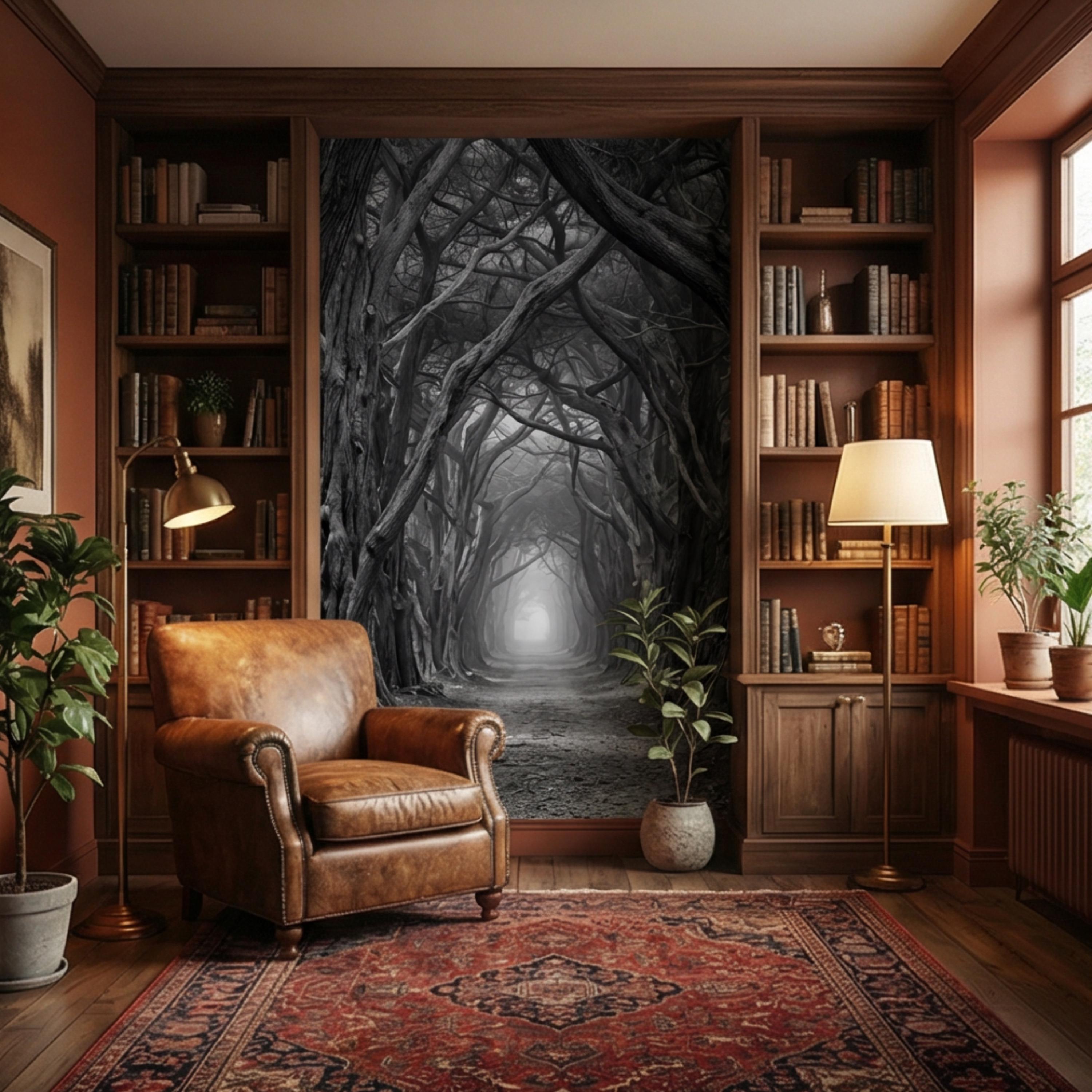 Dark Forest Tree Tunnel Peel and Stick Wall Mural, Gothic Black and White Woodland Wallpaper