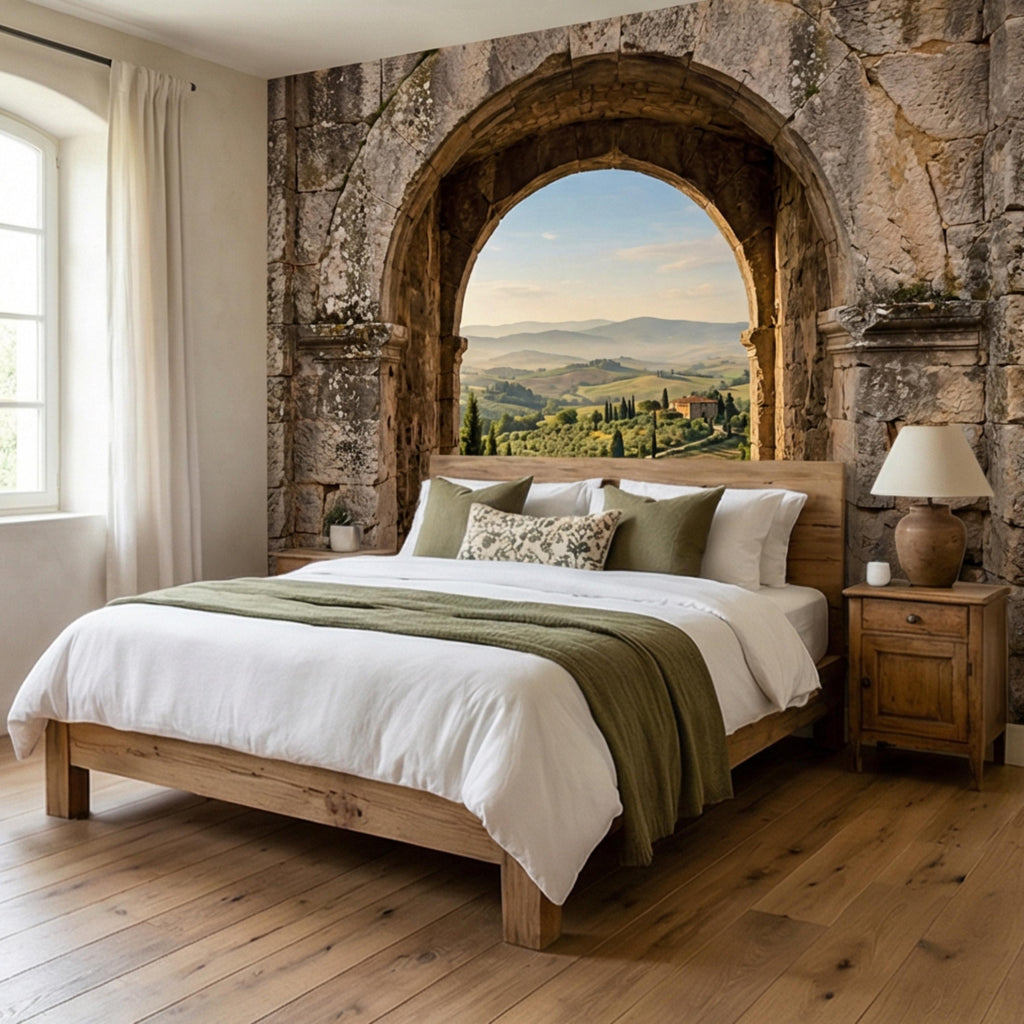 Tuscan Archway View Peel and Stick Wall Mural, Italian Countryside Villa Wallpaper