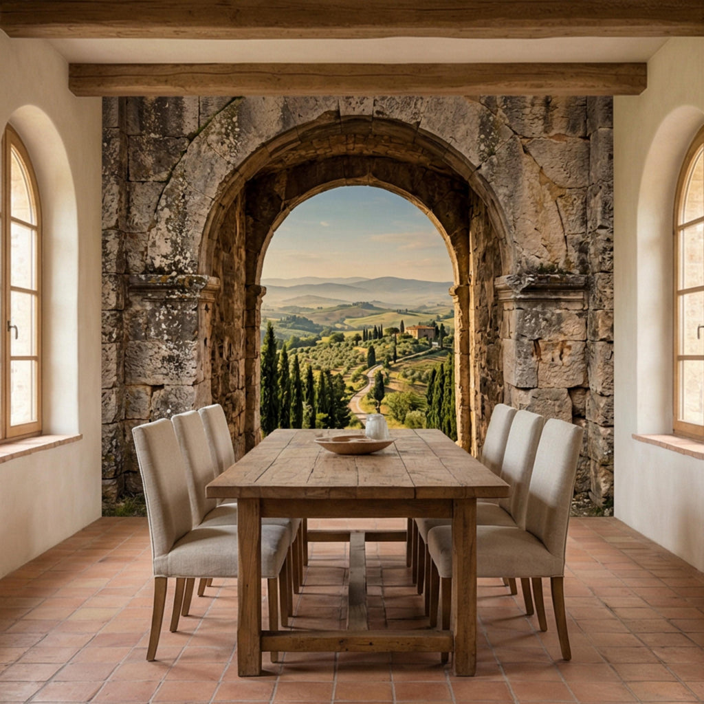 Tuscan Archway View Peel and Stick Wall Mural, Italian Countryside Villa Wallpaper