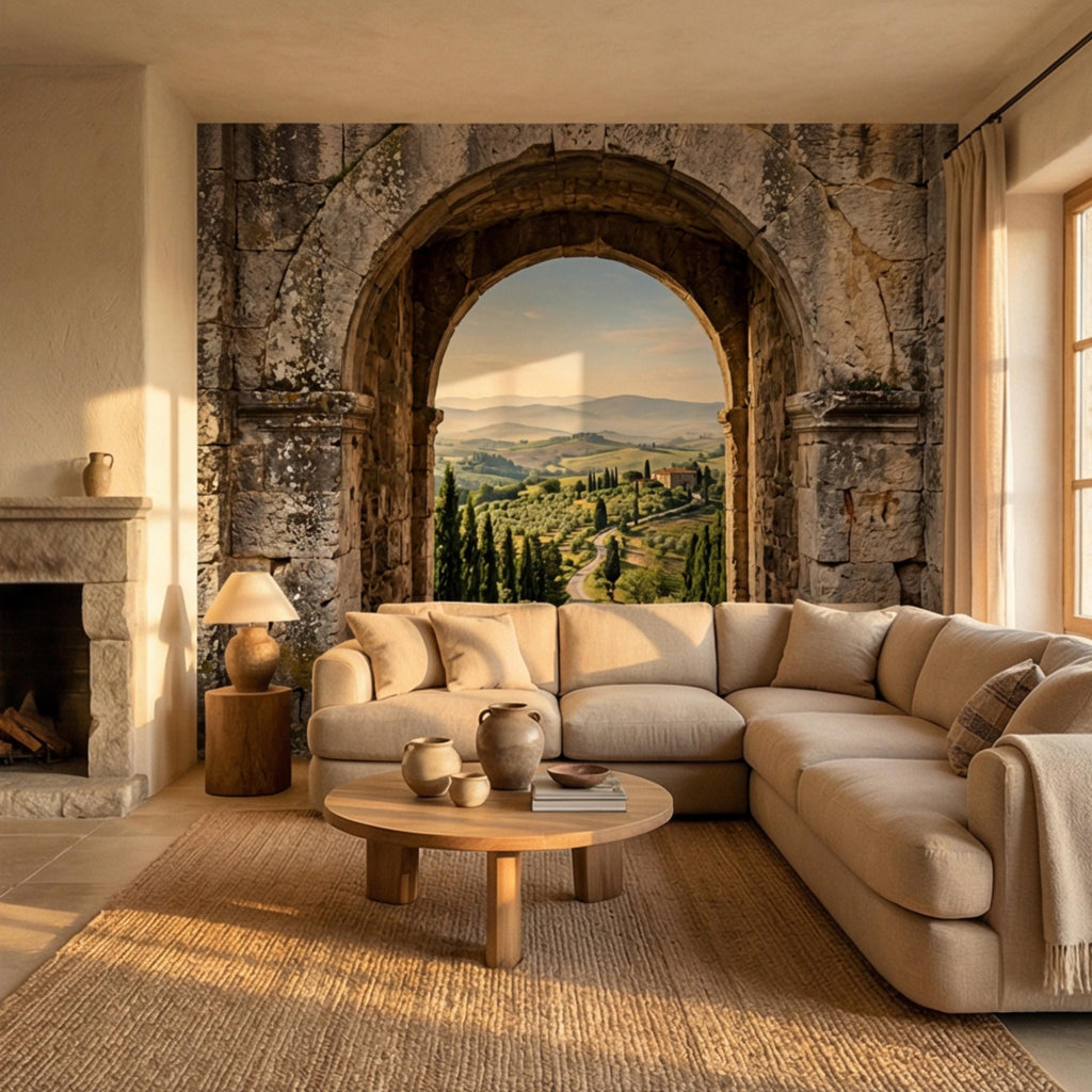 Tuscan Archway View Peel and Stick Wall Mural, Italian Countryside Villa Wallpaper