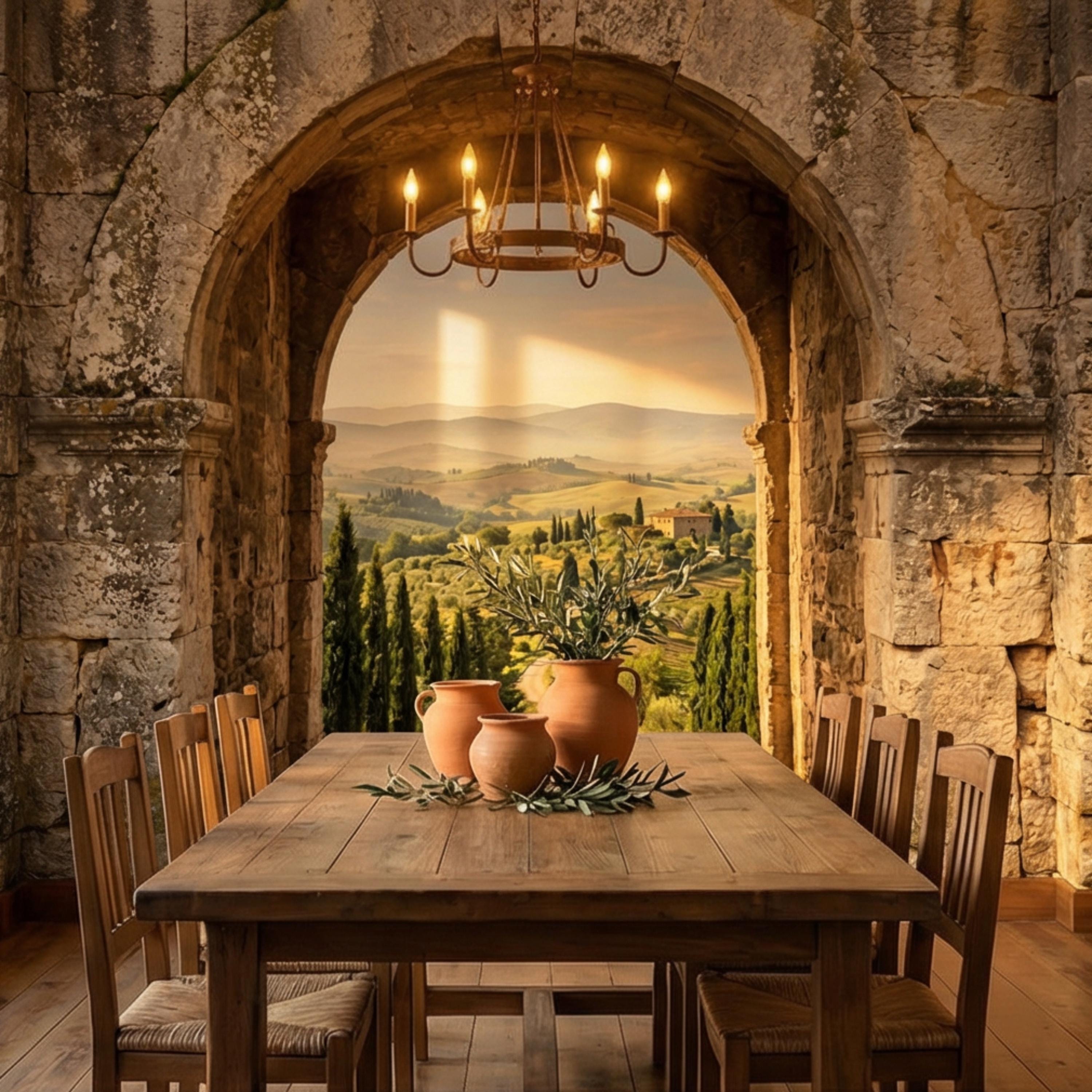Tuscan Archway View Peel and Stick Wall Mural, Italian Countryside Villa Wallpaper