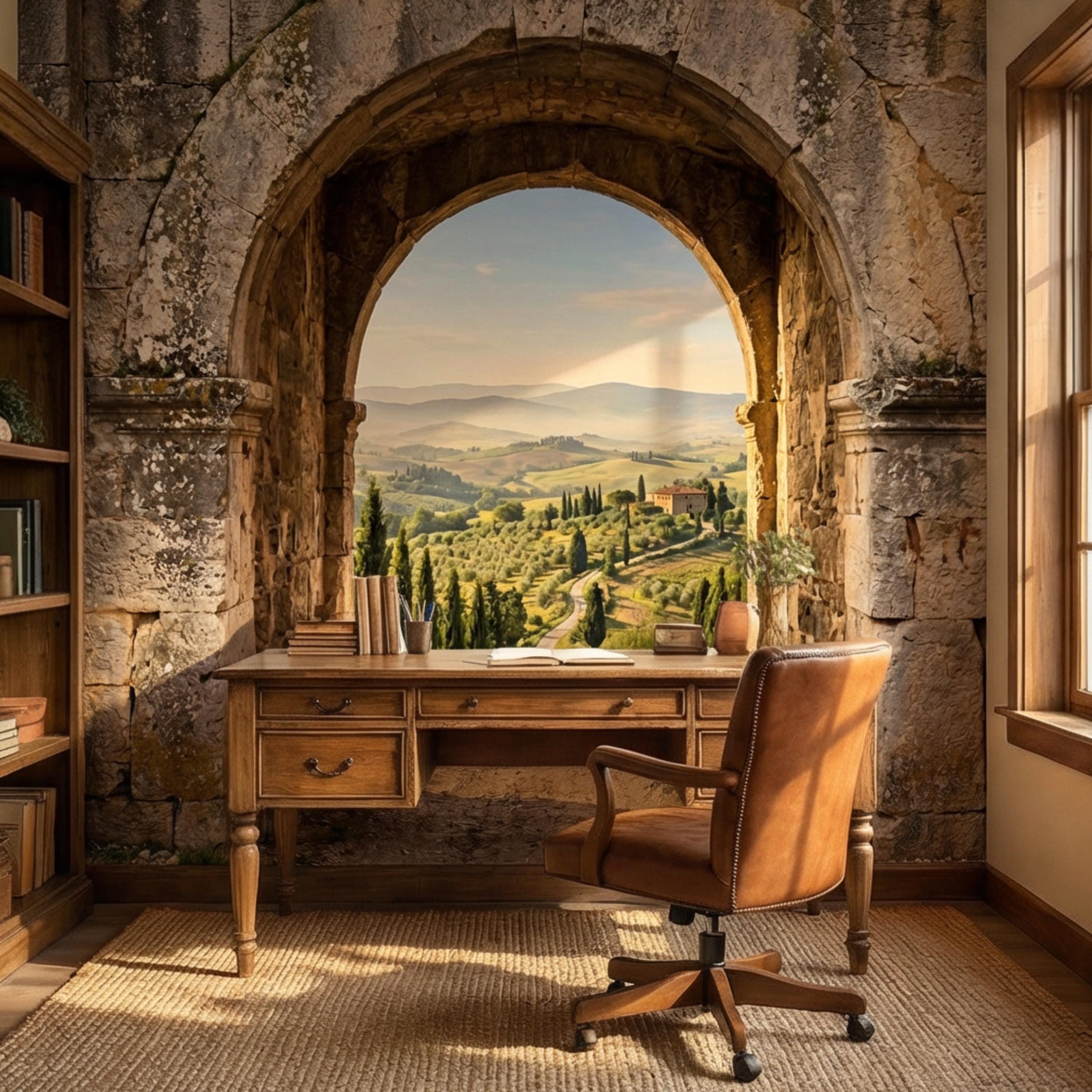 Tuscan Archway View Peel and Stick Wall Mural, Italian Countryside Villa Wallpaper