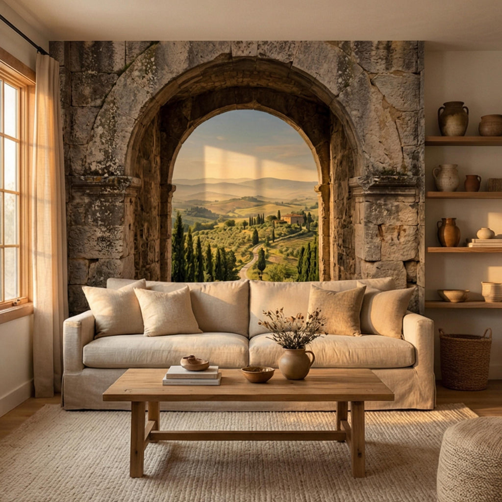 Tuscan Archway View Peel and Stick Wall Mural, Italian Countryside Villa Wallpaper