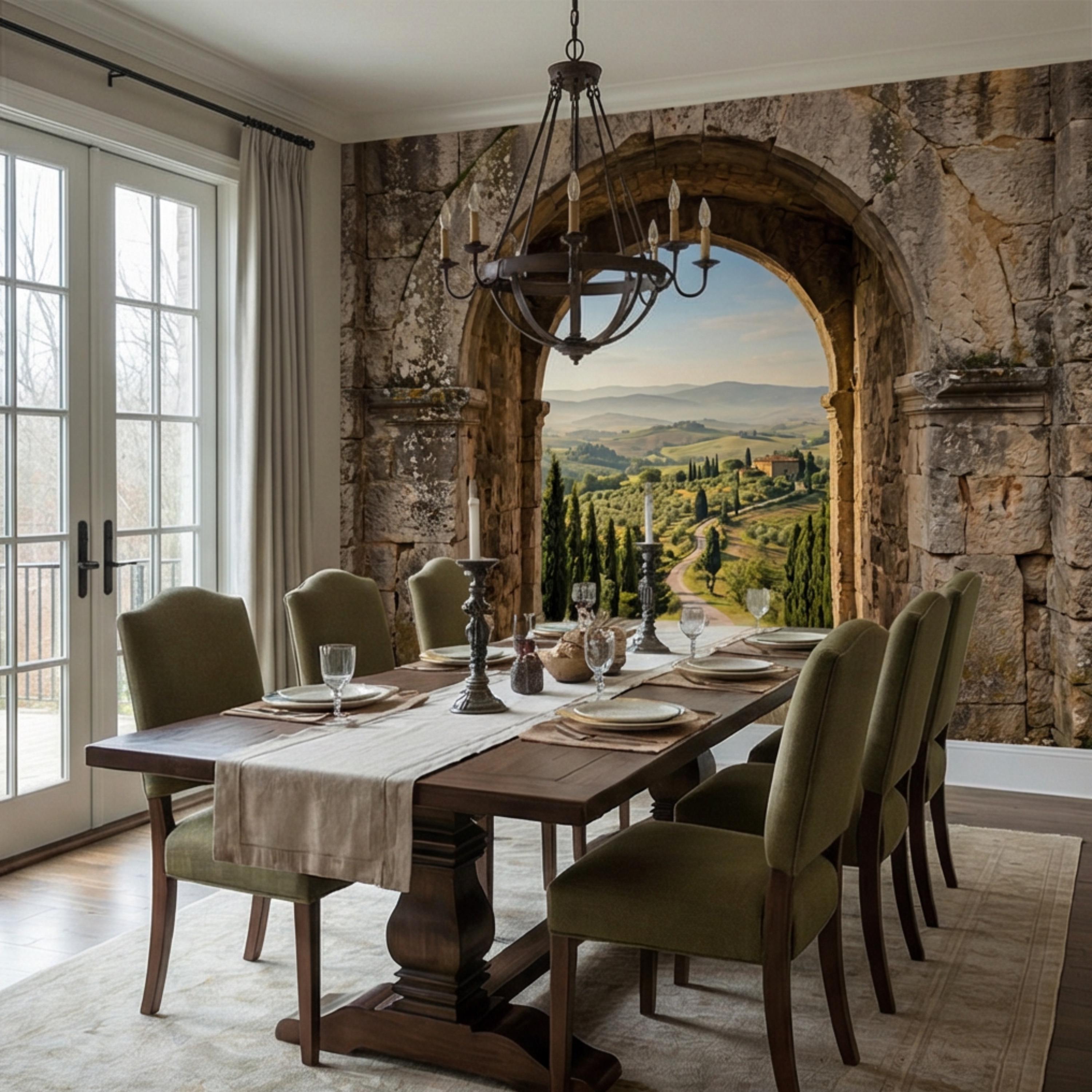 Tuscan Archway View Peel and Stick Wall Mural, Italian Countryside Villa Wallpaper