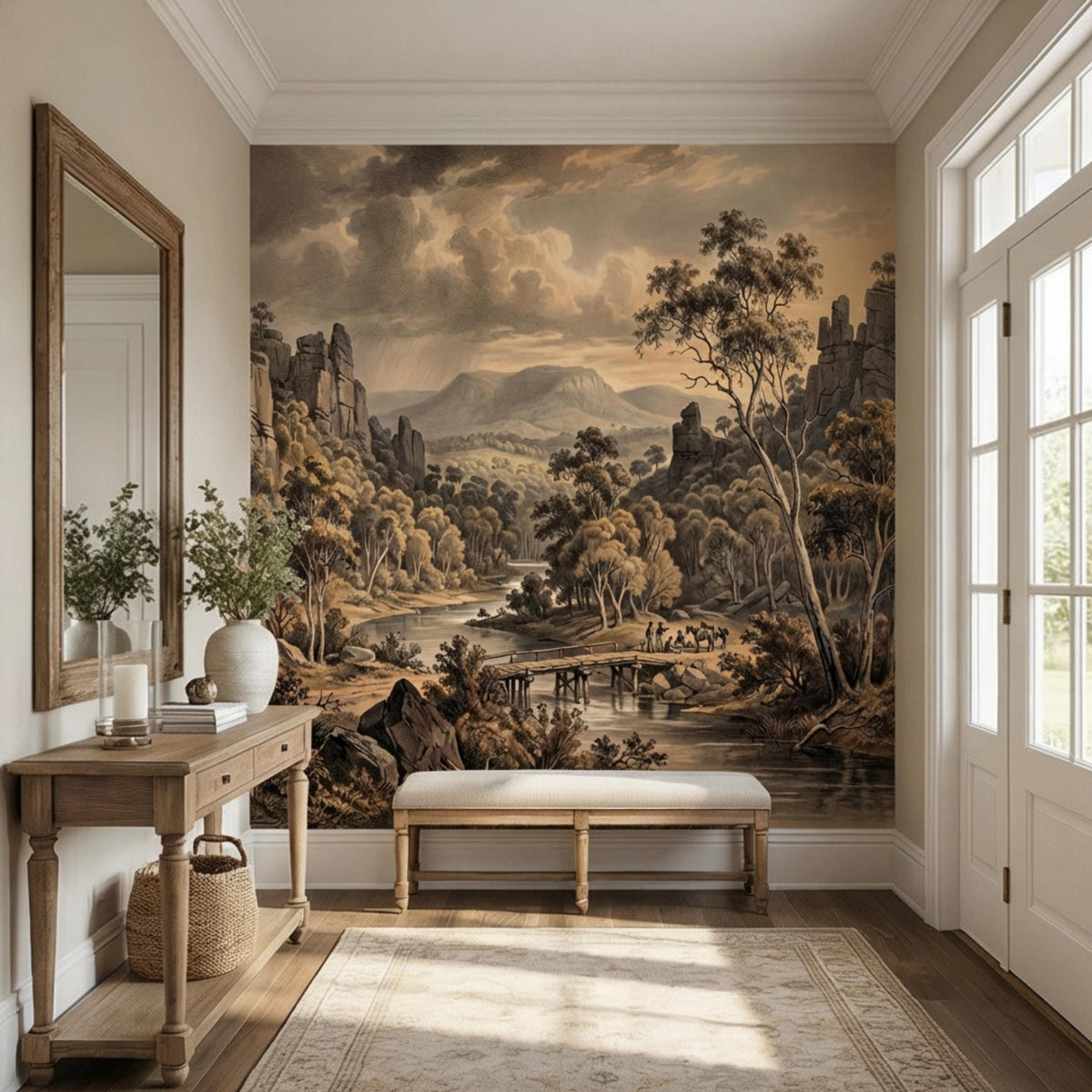 Vintage western river landscape wall mural with sepia sky, mountains, and engraved trees
