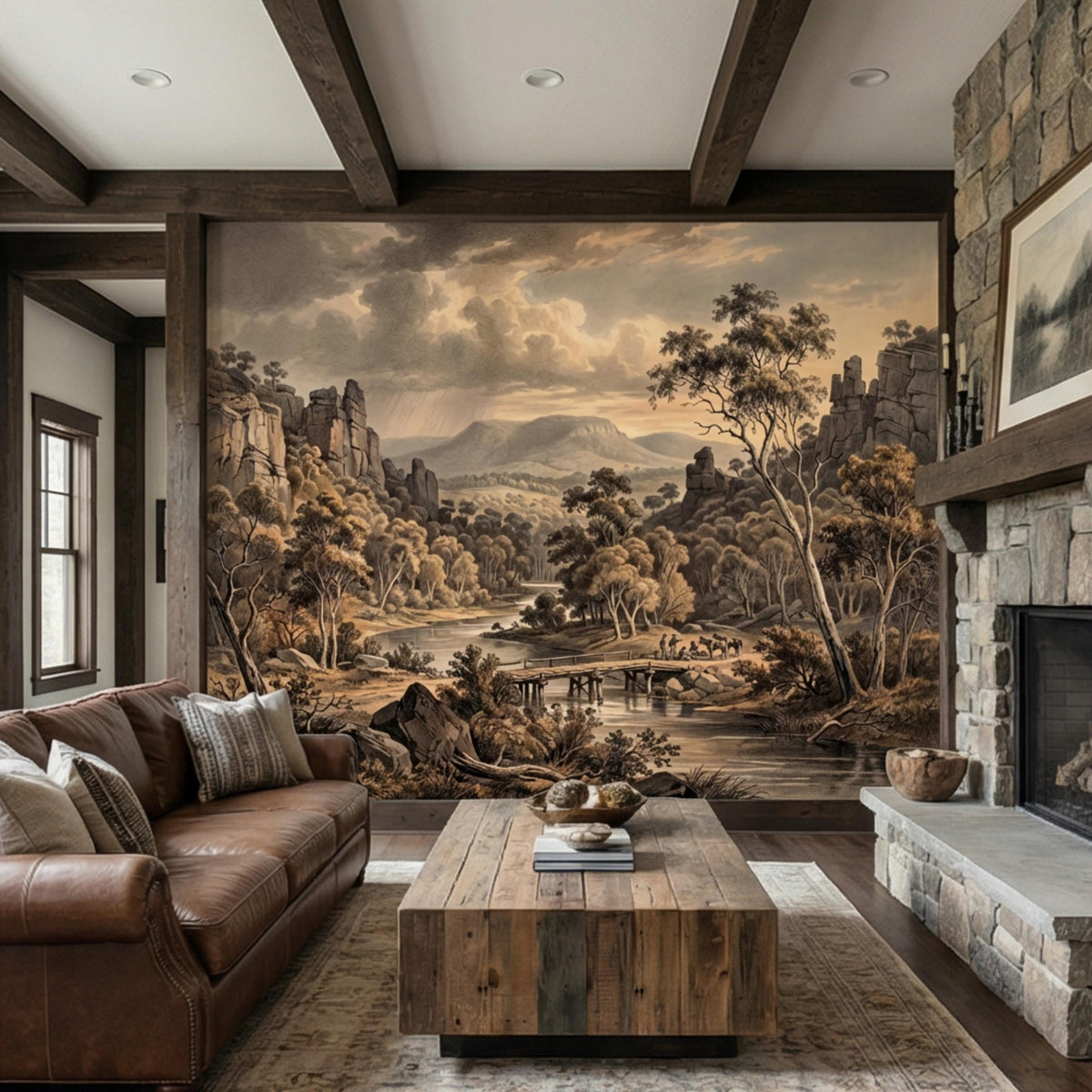 Vintage western river landscape wall mural with sepia mountains, trees, and engraved panorama