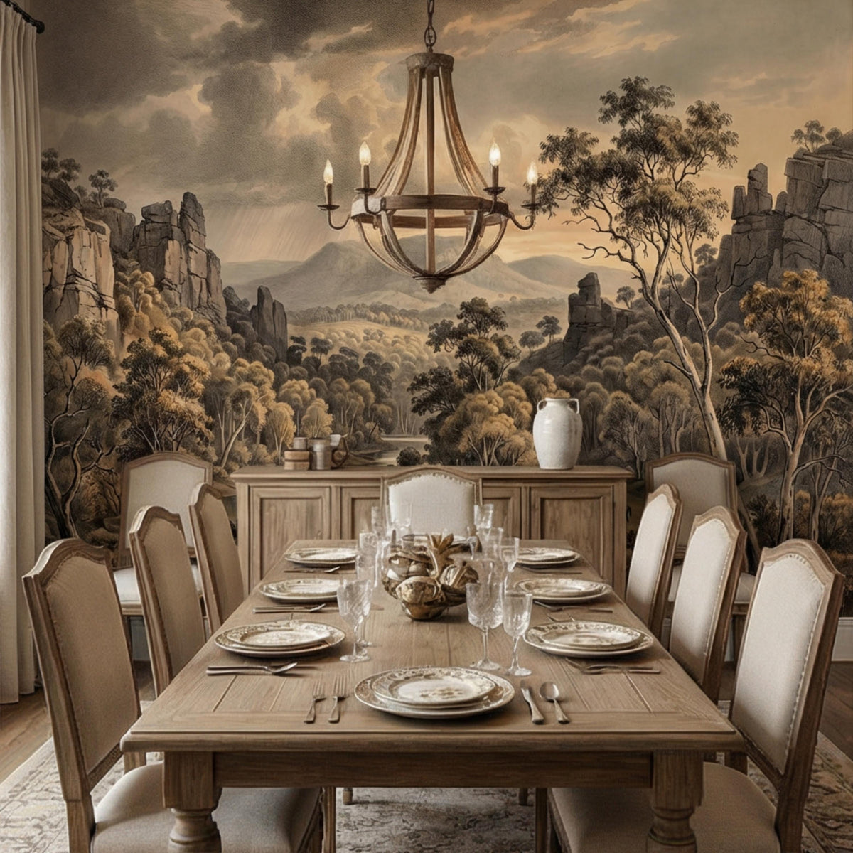 Vintage western landscape wall mural in sepia, showing river winding through forested hills