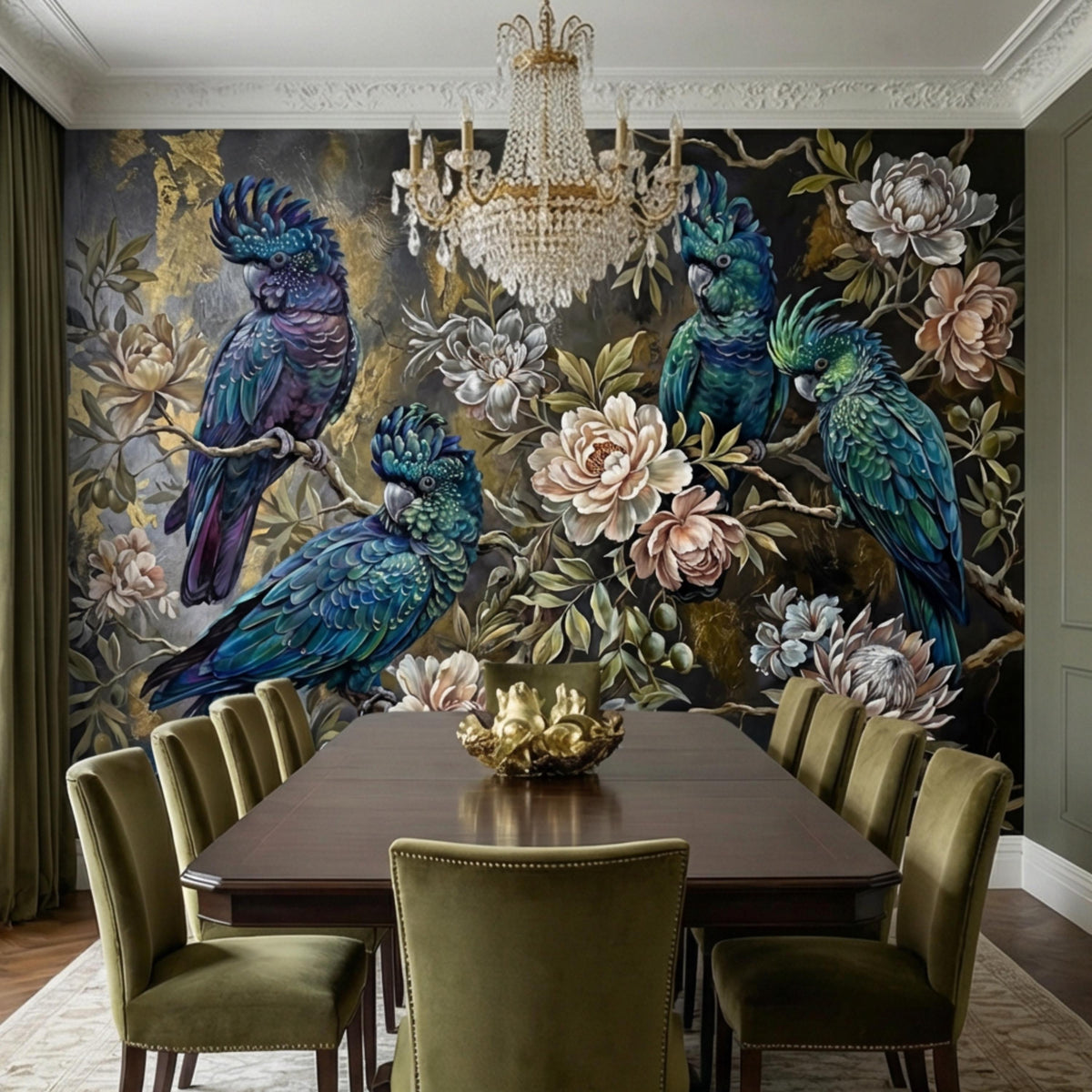 Dark floral bird wall mural featuring blue cockatoos perched among roses and leaves