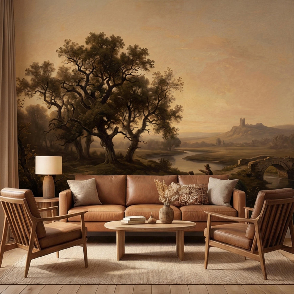 Vintage countryside river landscape wall mural with large trees, river bend, and soft hills