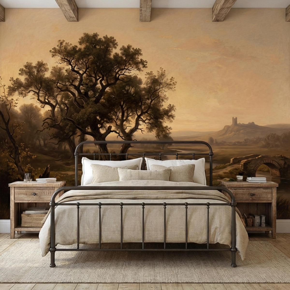 Vintage countryside river landscape wall mural showing broad tree canopy and winding path