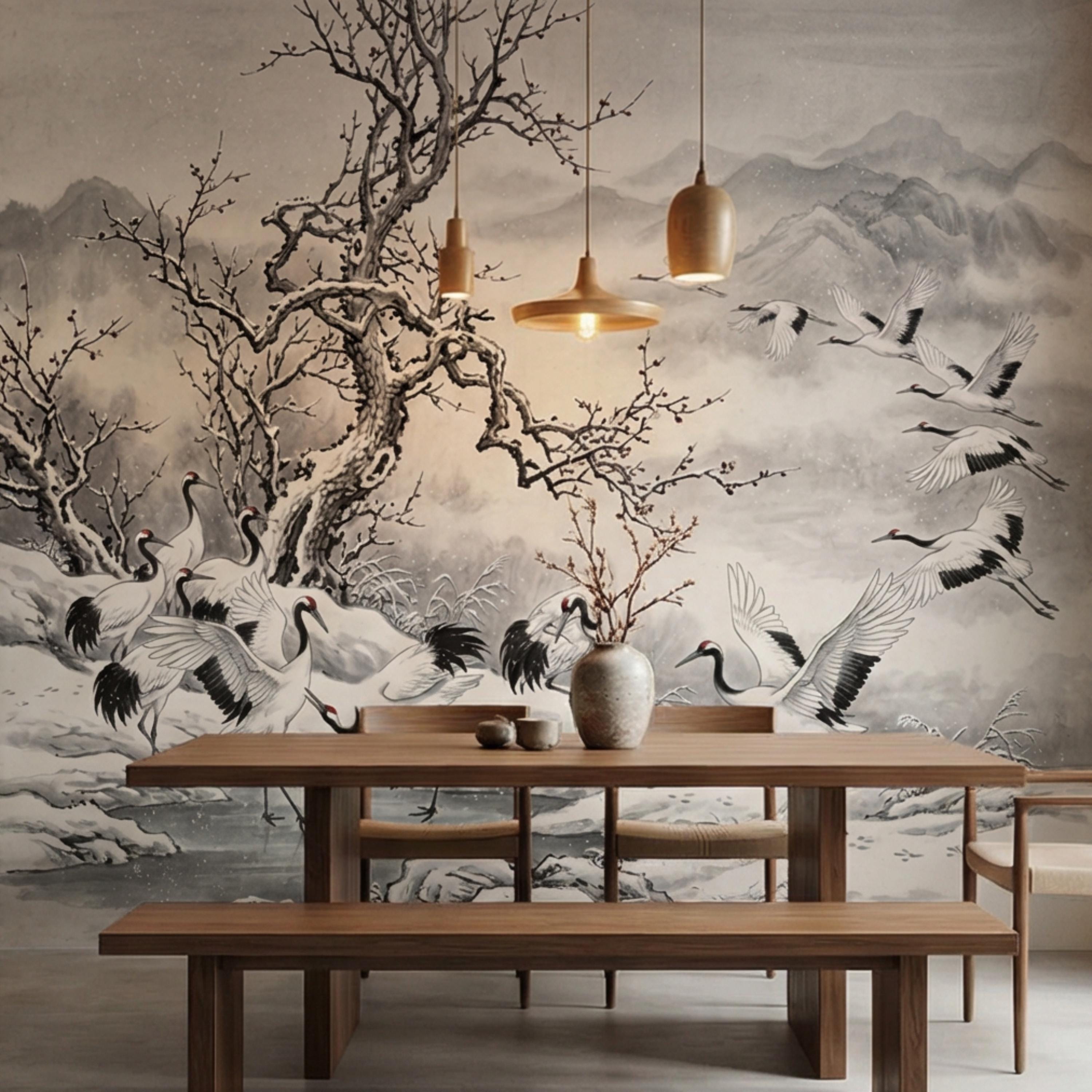 Japanese Crane Winter Landscape Peel and Stick Wall Mural, Chinoiserie Ink Wash Mountain Scene Wallpaper, Zen Asian Wall Decor