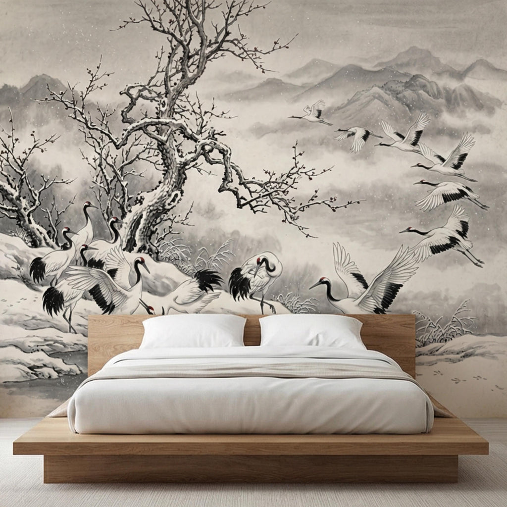 Japanese Crane Winter Landscape Peel and Stick Wall Mural, Chinoiserie Ink Wash Mountain Scene Wallpaper, Zen Asian Wall Decor