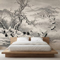 Japanese Crane Winter Landscape Peel and Stick Wall Mural, Chinoiserie Ink Wash Mountain Scene Wallpaper, Zen Asian Wall Decor
