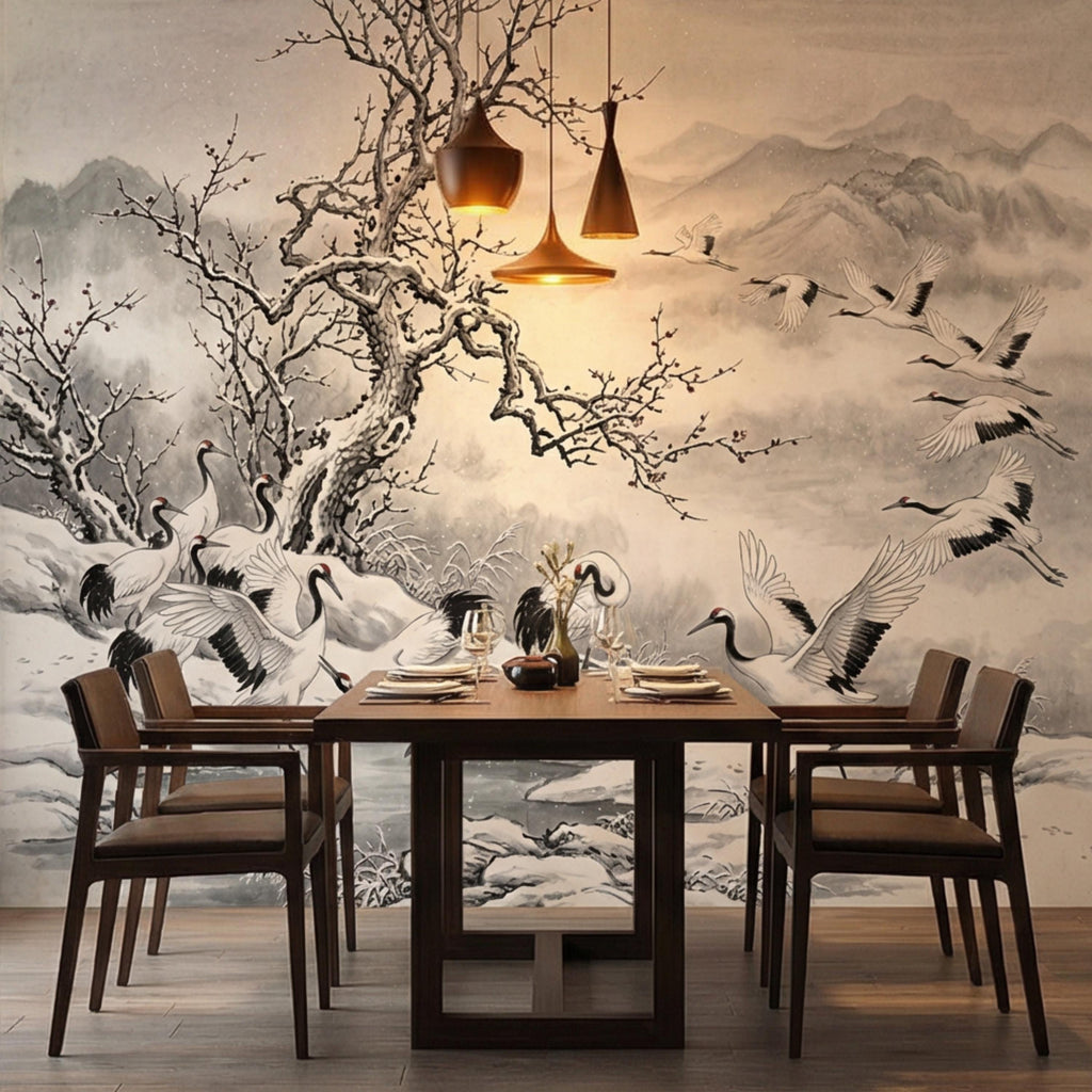 Japanese Crane Winter Landscape Peel and Stick Wall Mural, Chinoiserie Ink Wash Mountain Scene Wallpaper, Zen Asian Wall Decor