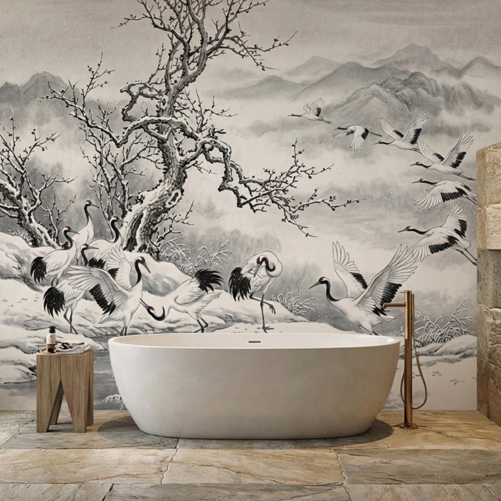 Japanese Crane Winter Landscape Peel and Stick Wall Mural, Chinoiserie Ink Wash Mountain Scene Wallpaper, Zen Asian Wall Decor