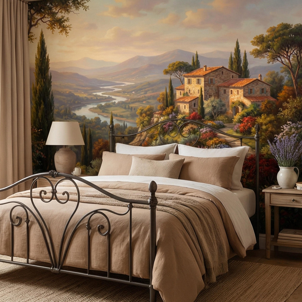 Tuscan Countryside Peel and Stick Wall Mural, Italian Villa Landscape Wallpaper, Rustic Mediterranean Sunset Wall Decor