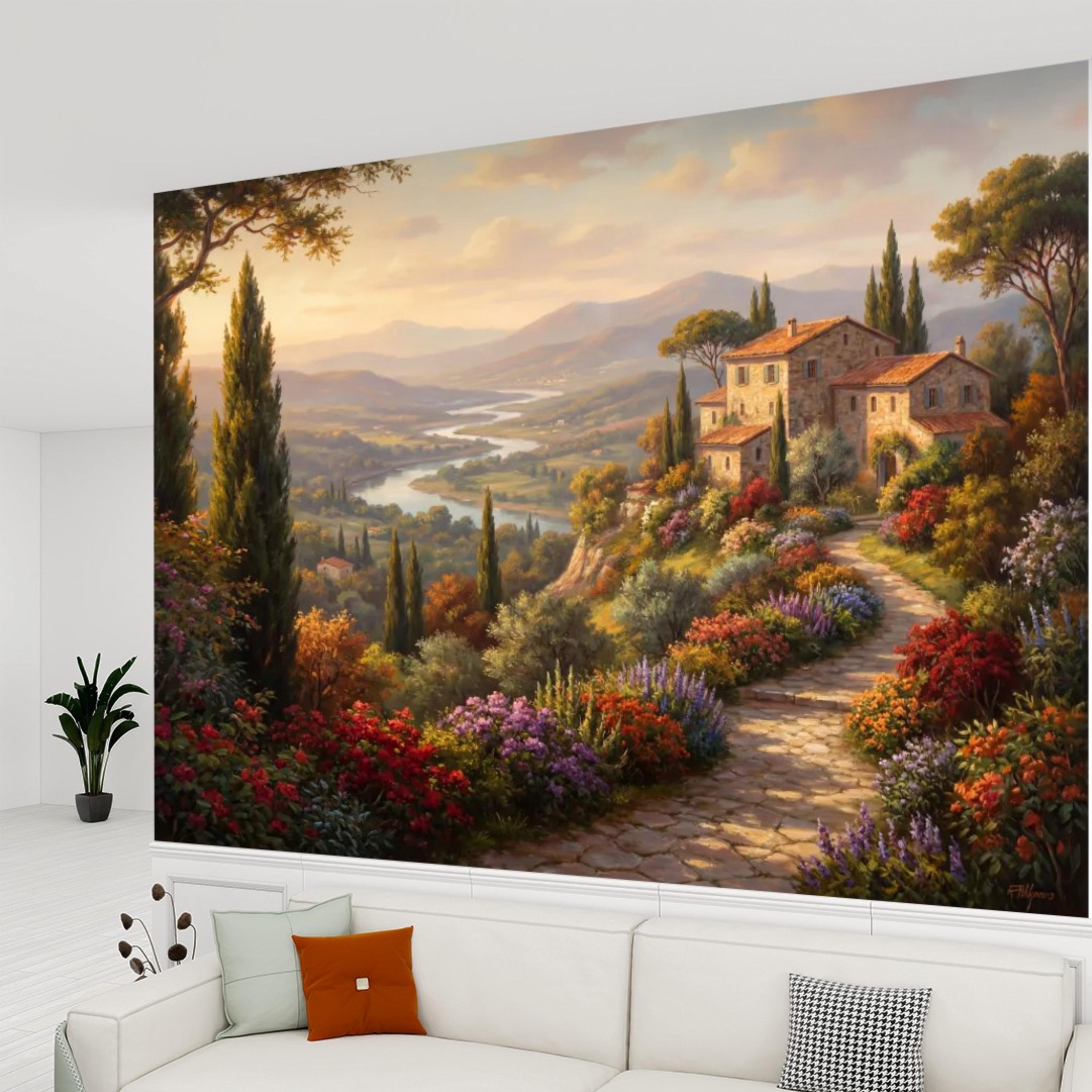 Tuscan Countryside Peel and Stick Wall Mural, Italian Villa Landscape Wallpaper, Rustic Mediterranean Sunset Wall Decor