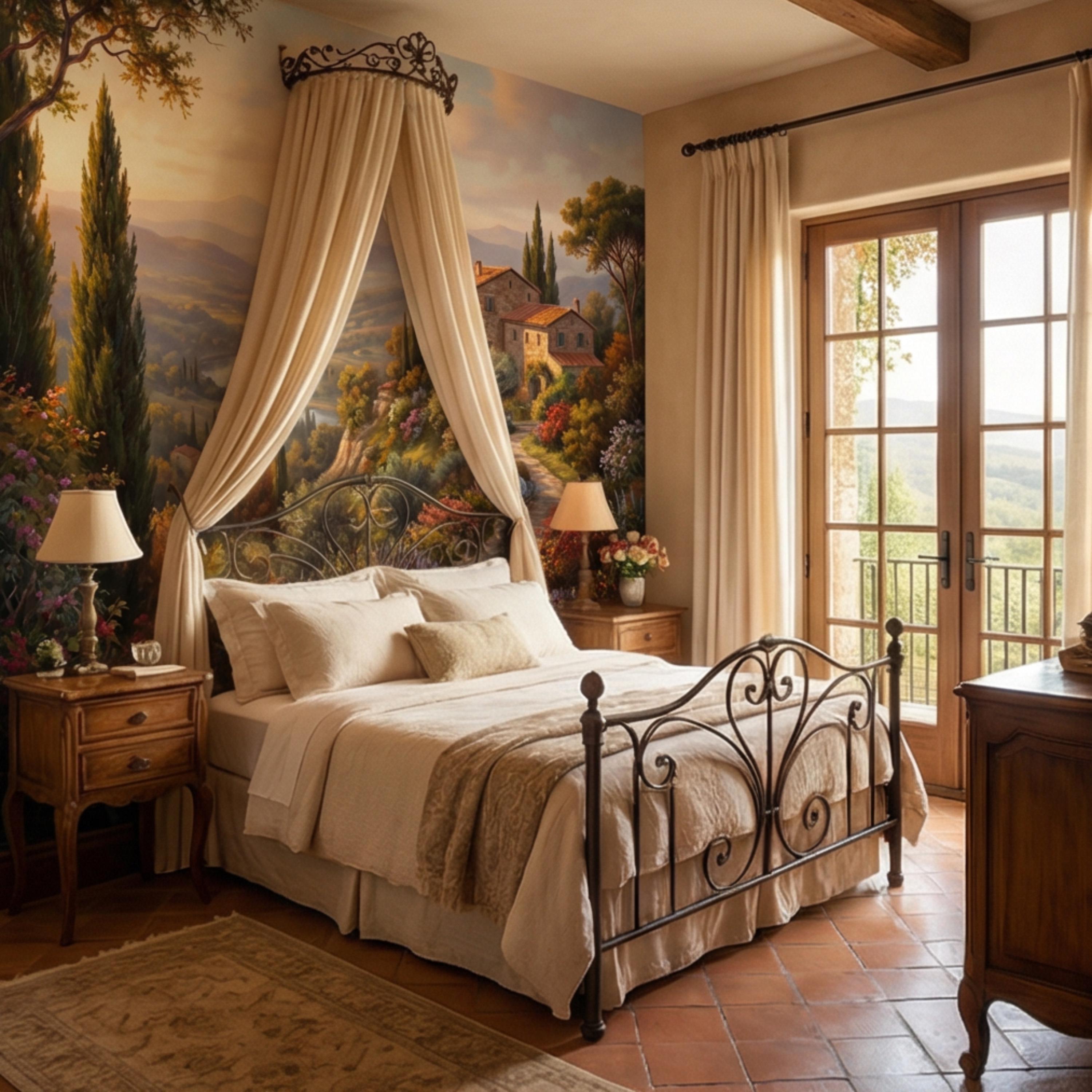 Tuscan Countryside Peel and Stick Wall Mural, Italian Villa Landscape Wallpaper, Rustic Mediterranean Sunset Wall Decor