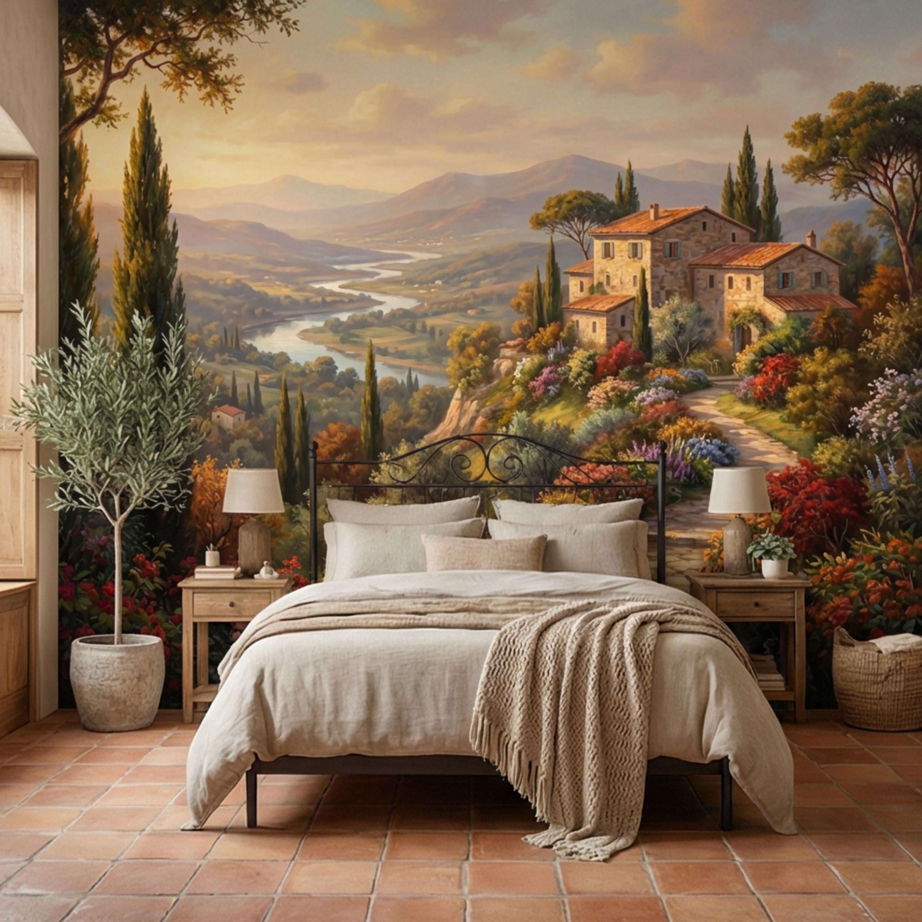Tuscan Countryside Peel and Stick Wall Mural, Italian Villa Landscape Wallpaper, Rustic Mediterranean Sunset Wall Decor