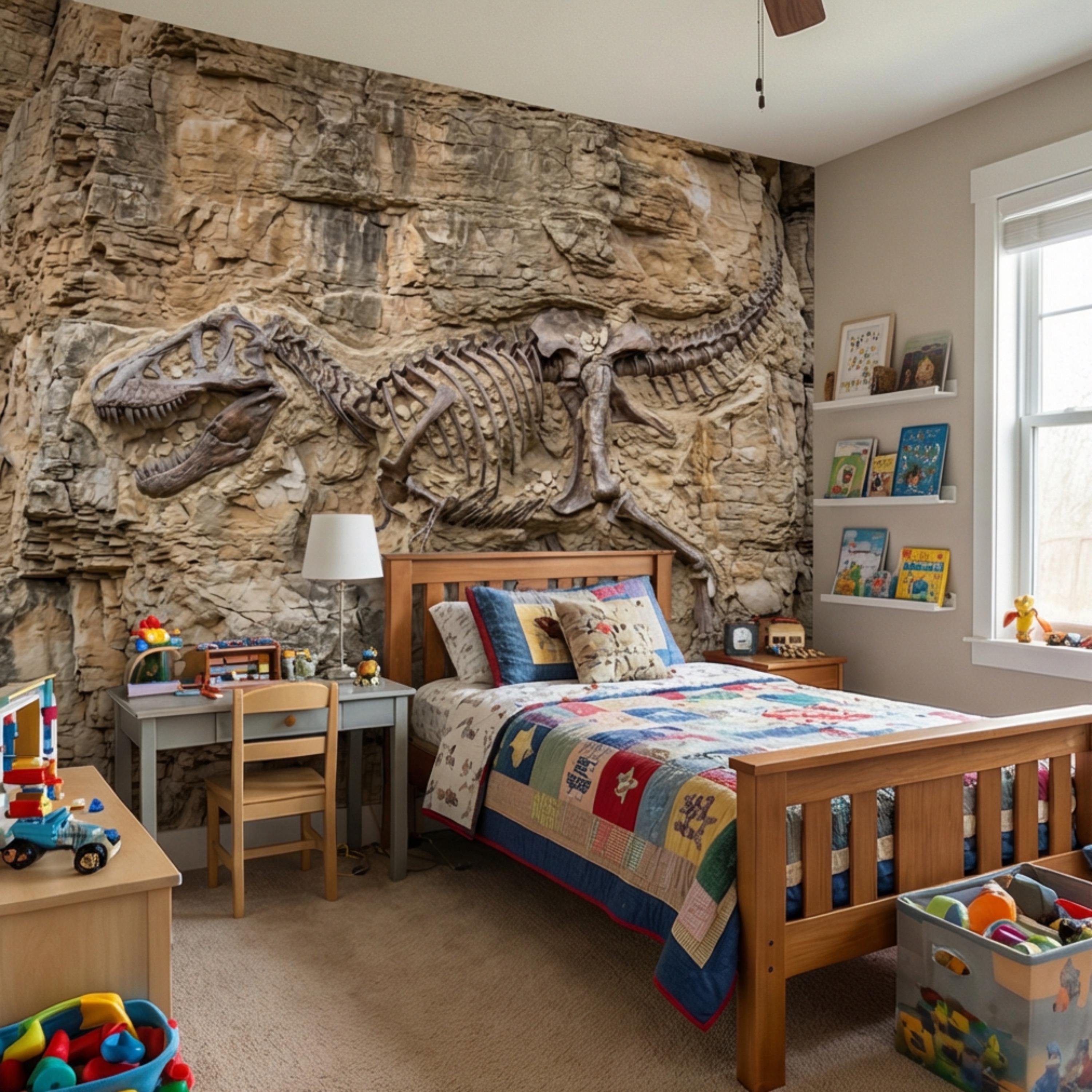 T Rex Fossil Rock Wall Peel and Stick Wall Mural, Prehistoric Dinosaur Skeleton Wallpaper