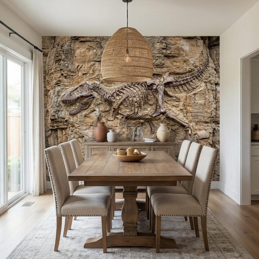 T Rex Fossil Rock Wall Peel and Stick Wall Mural, Prehistoric Dinosaur Skeleton Wallpaper