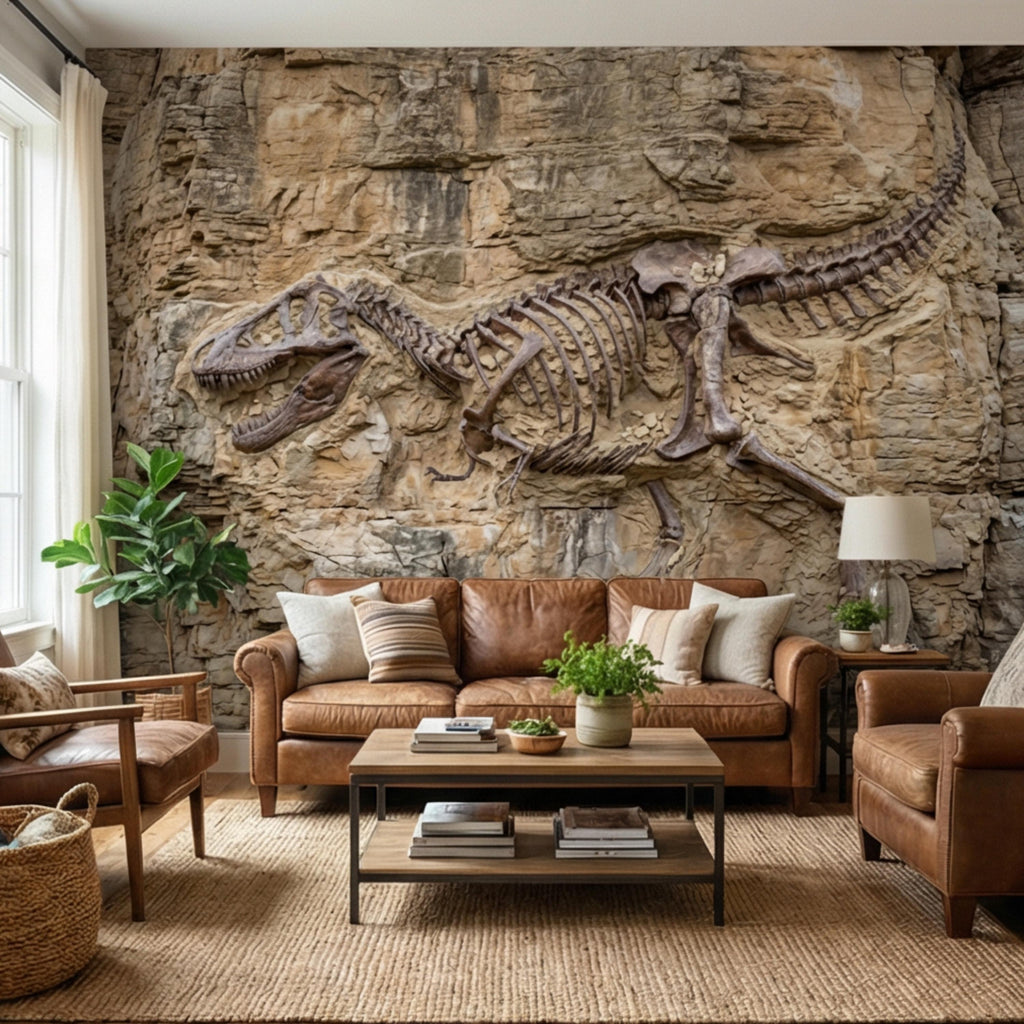 T Rex Fossil Rock Wall Peel and Stick Wall Mural, Prehistoric Dinosaur Skeleton Wallpaper