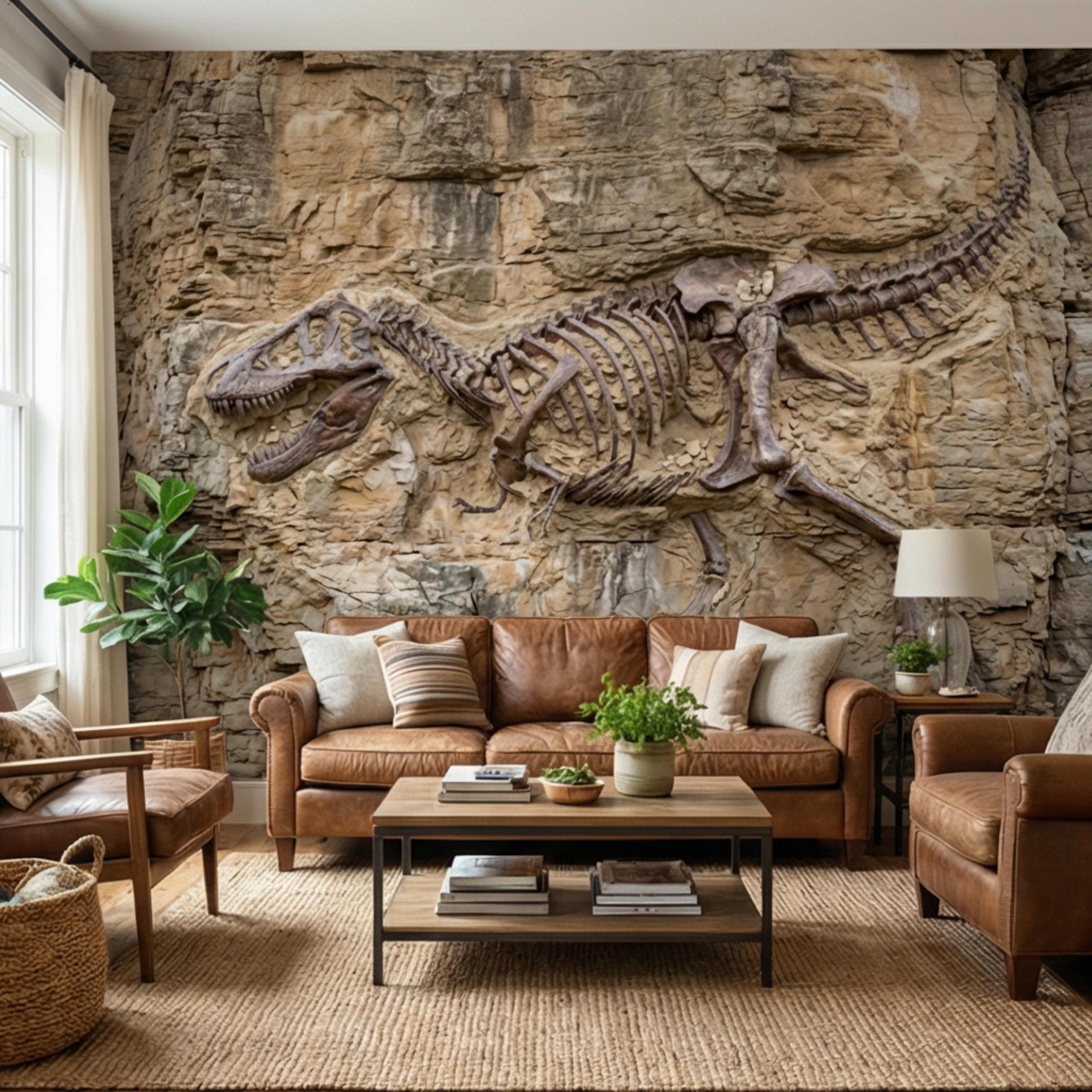 T Rex Fossil Rock Wall Peel and Stick Wall Mural, Prehistoric Dinosaur Skeleton Wallpaper
