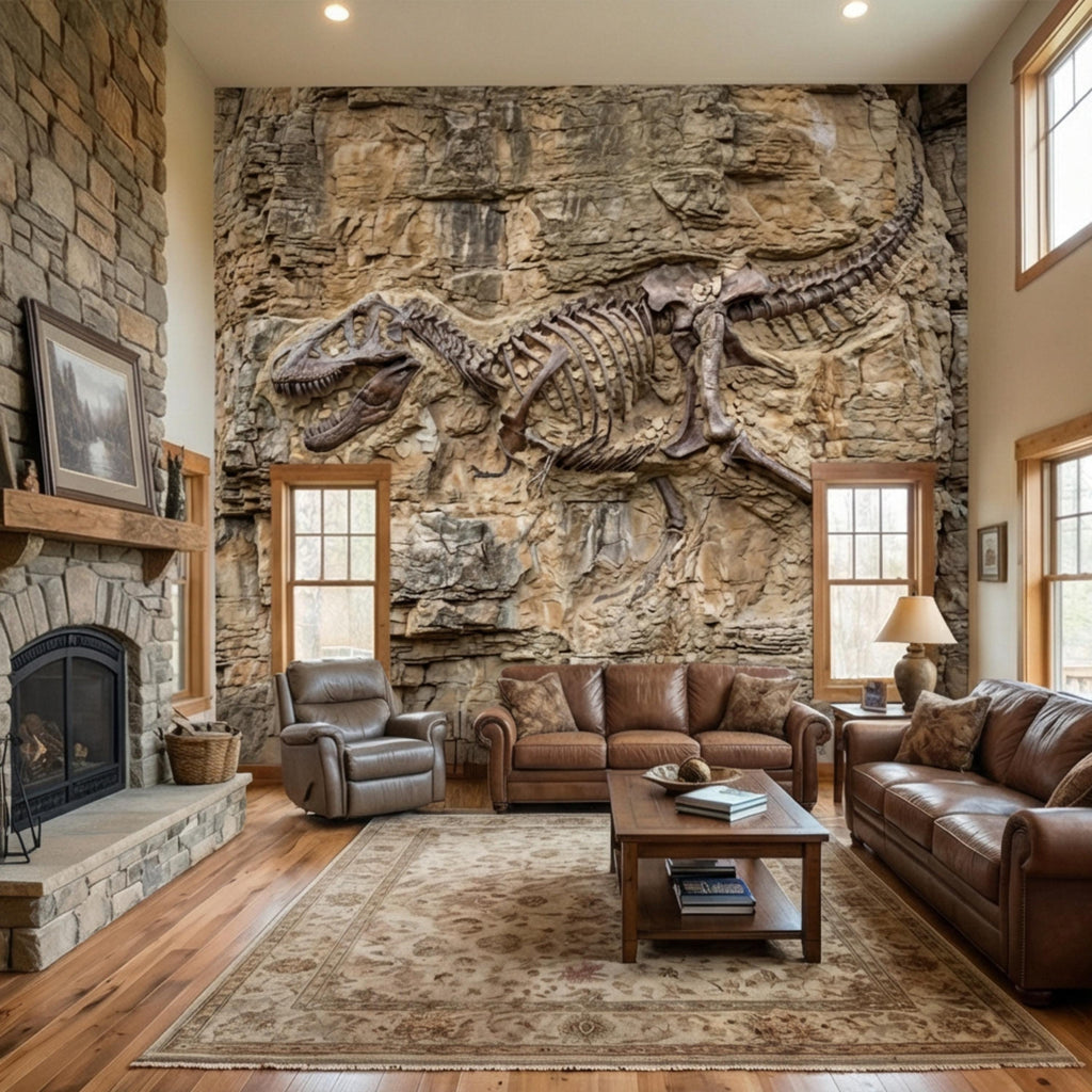T Rex Fossil Rock Wall Peel and Stick Wall Mural, Prehistoric Dinosaur Skeleton Wallpaper