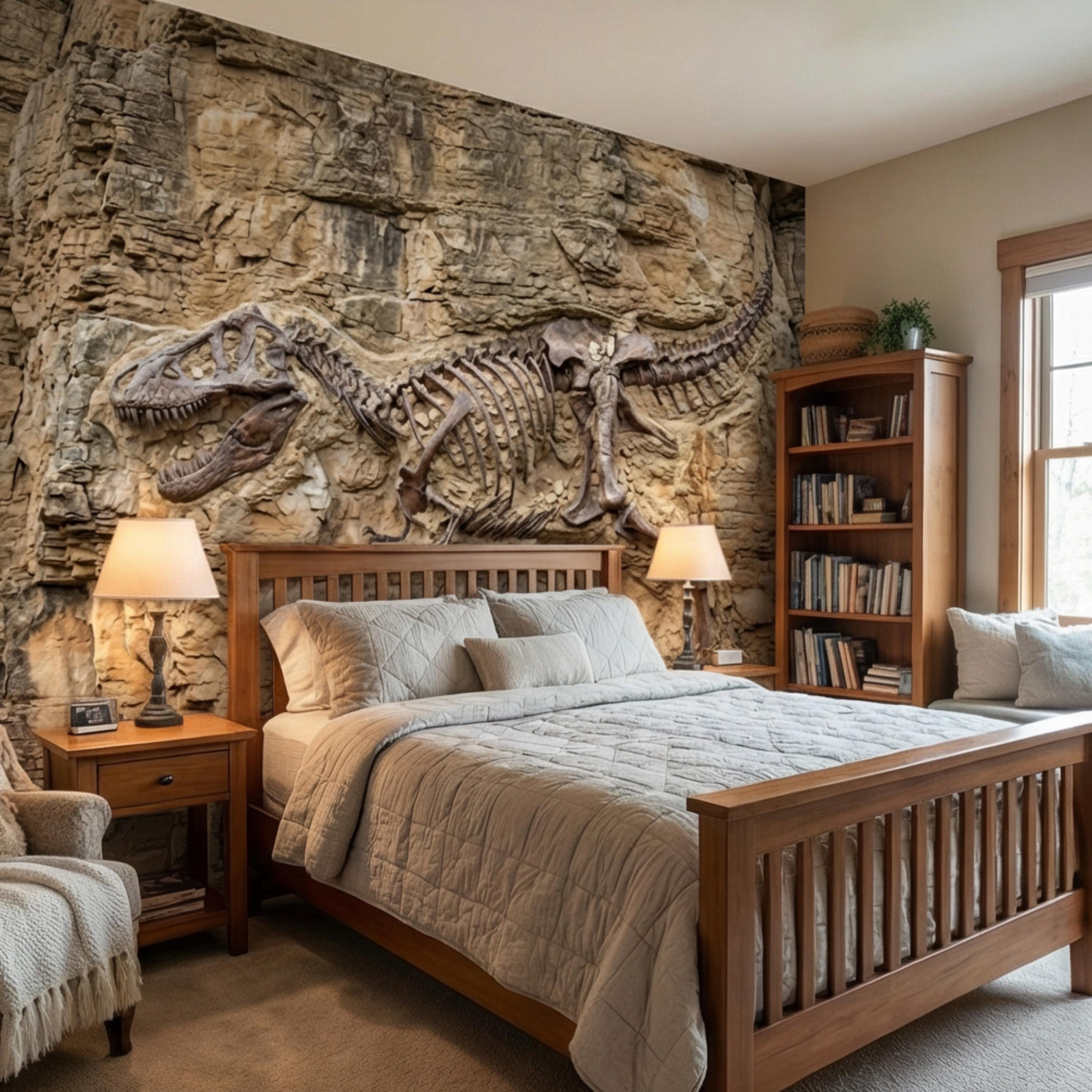 T Rex Fossil Rock Wall Peel and Stick Wall Mural, Prehistoric Dinosaur Skeleton Wallpaper