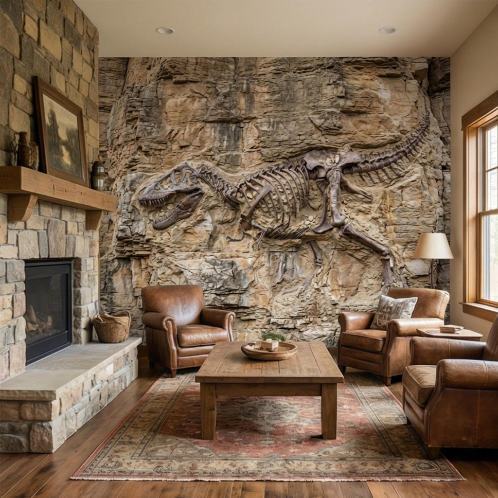 T Rex Fossil Rock Wall Peel and Stick Wall Mural, Prehistoric Dinosaur Skeleton Wallpaper