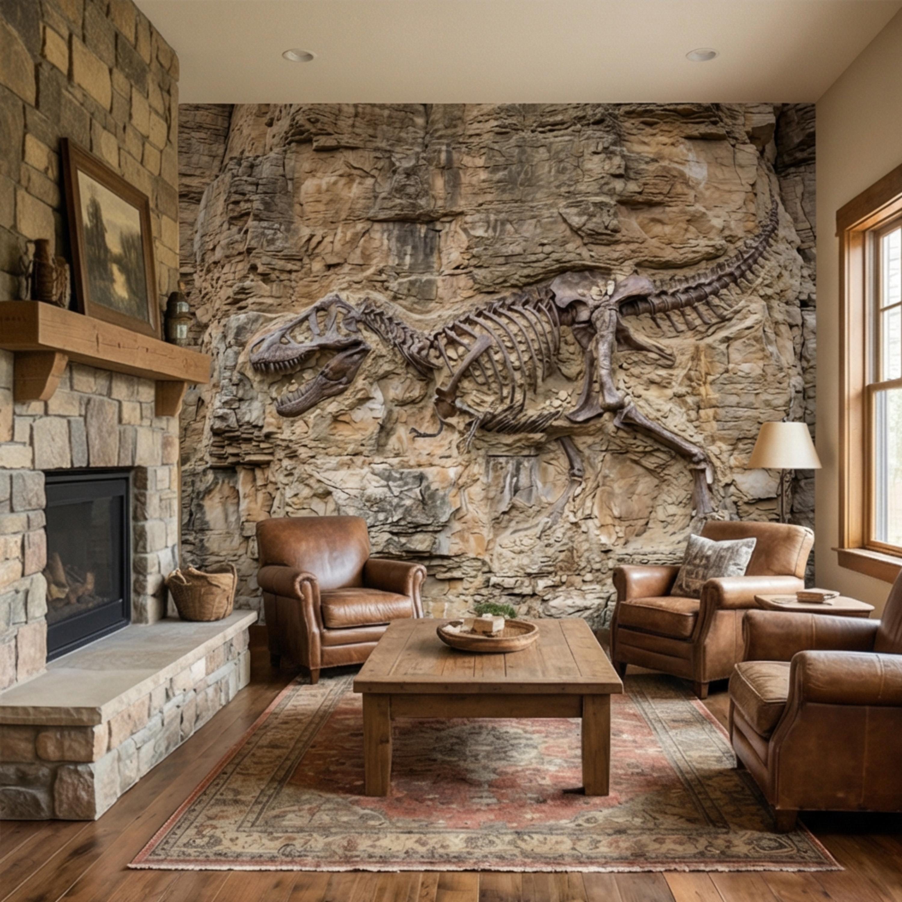 T Rex Fossil Rock Wall Peel and Stick Wall Mural, Prehistoric Dinosaur Skeleton Wallpaper