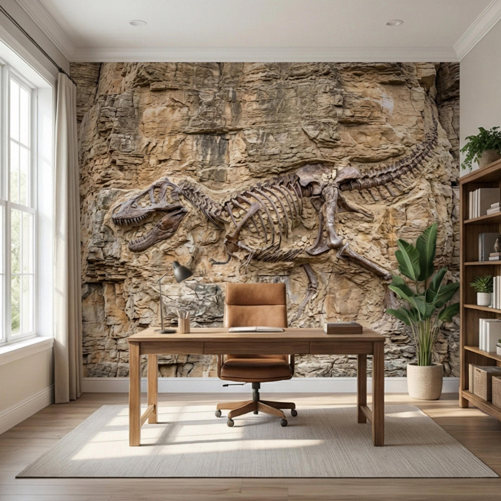 T Rex Fossil Rock Wall Peel and Stick Wall Mural, Prehistoric Dinosaur Skeleton Wallpaper