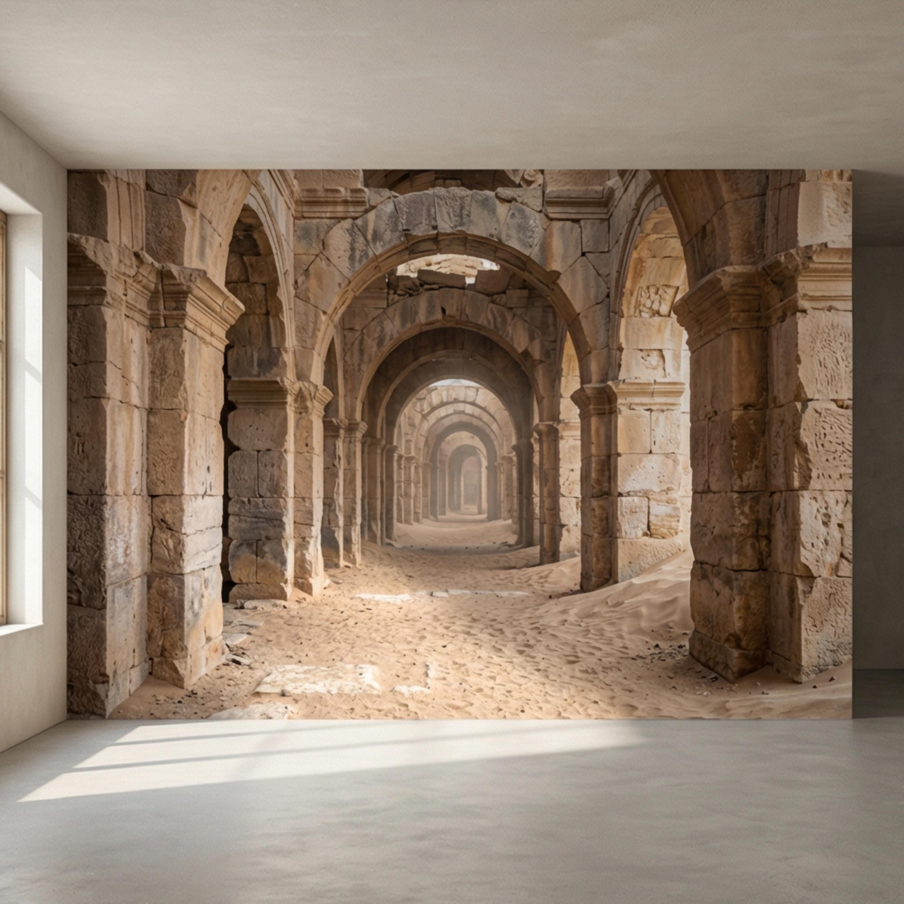 Ancient Roman Archway Ruins Peel and Stick Wall Mural, Old World Stone Corridor Wallpaper