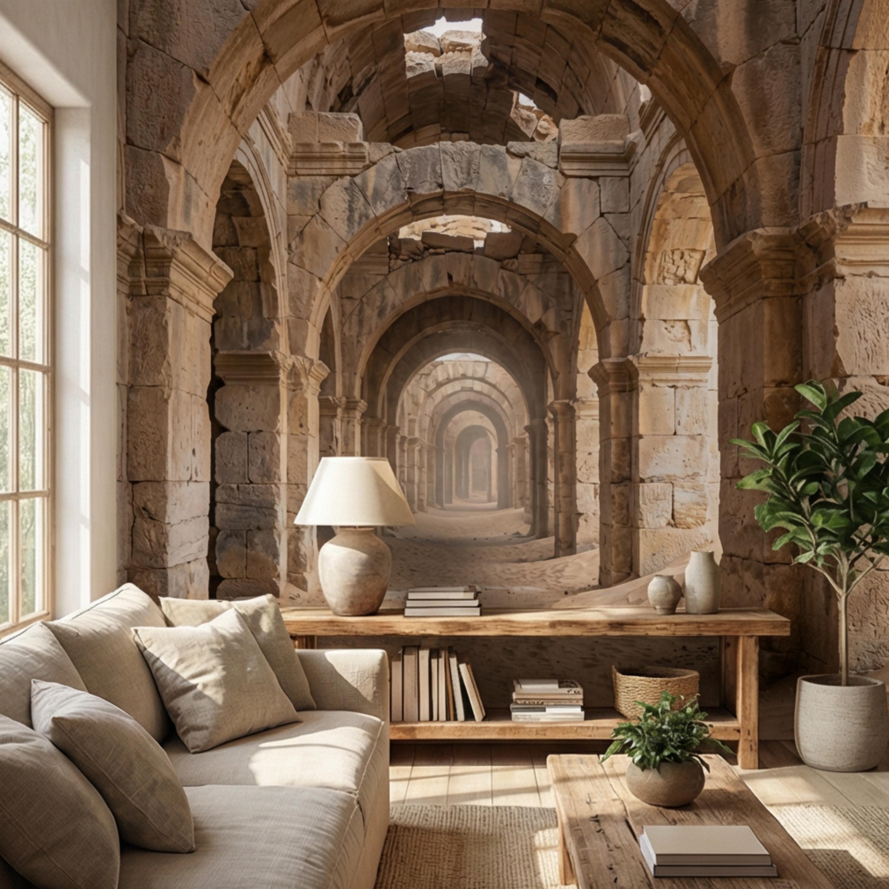 Ancient Roman Archway Ruins Peel and Stick Wall Mural, Old World Stone Corridor Wallpaper