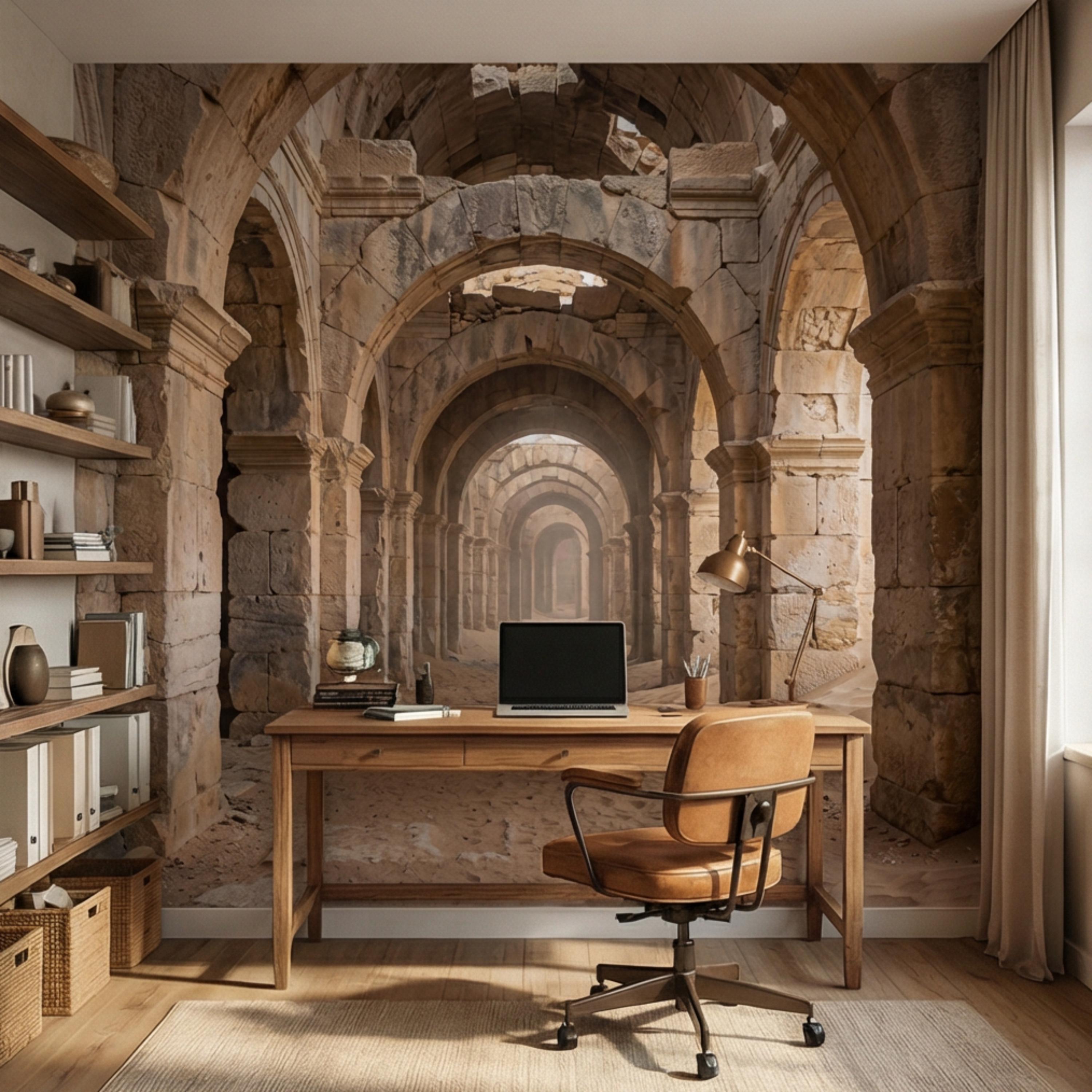 Ancient Roman Archway Ruins Peel and Stick Wall Mural, Old World Stone Corridor Wallpaper