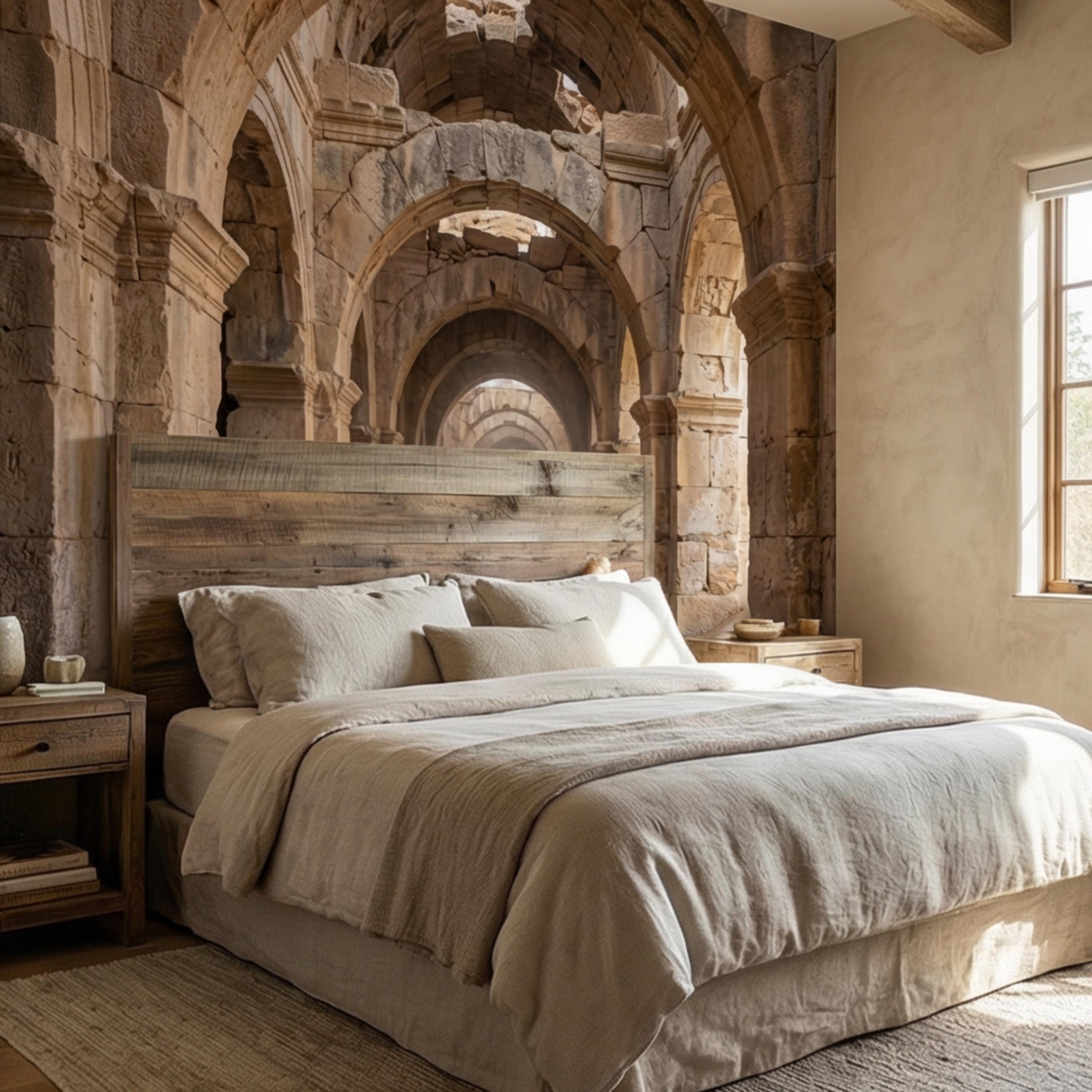 Ancient Roman Archway Ruins Peel and Stick Wall Mural, Old World Stone Corridor Wallpaper