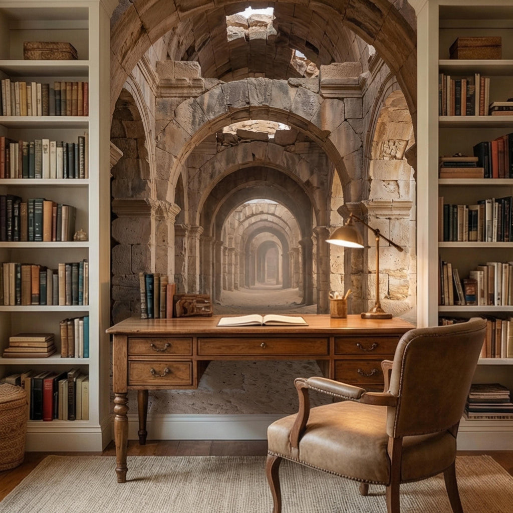 Ancient Roman Archway Ruins Peel and Stick Wall Mural, Old World Stone Corridor Wallpaper