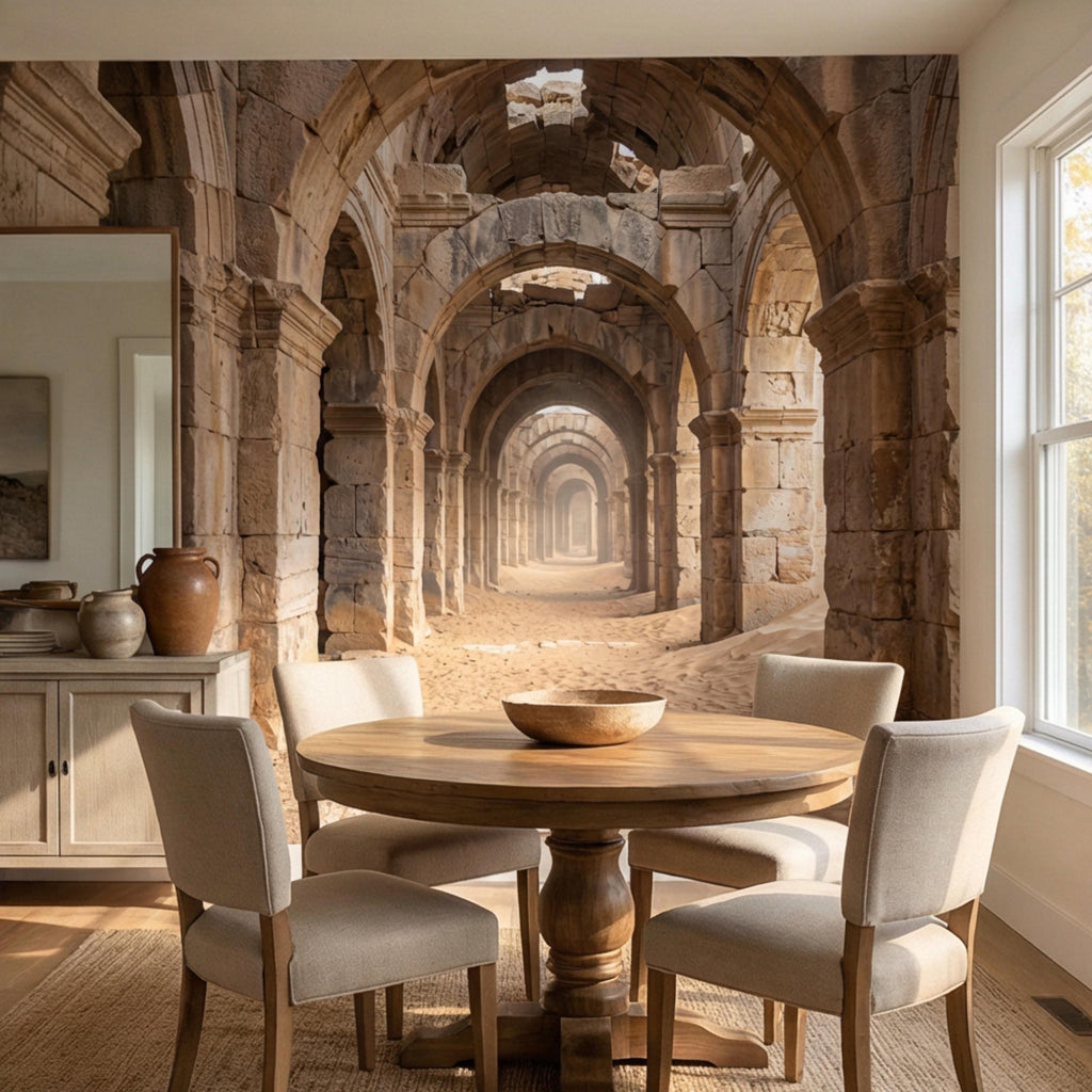 Ancient Roman Archway Ruins Peel and Stick Wall Mural, Old World Stone Corridor Wallpaper