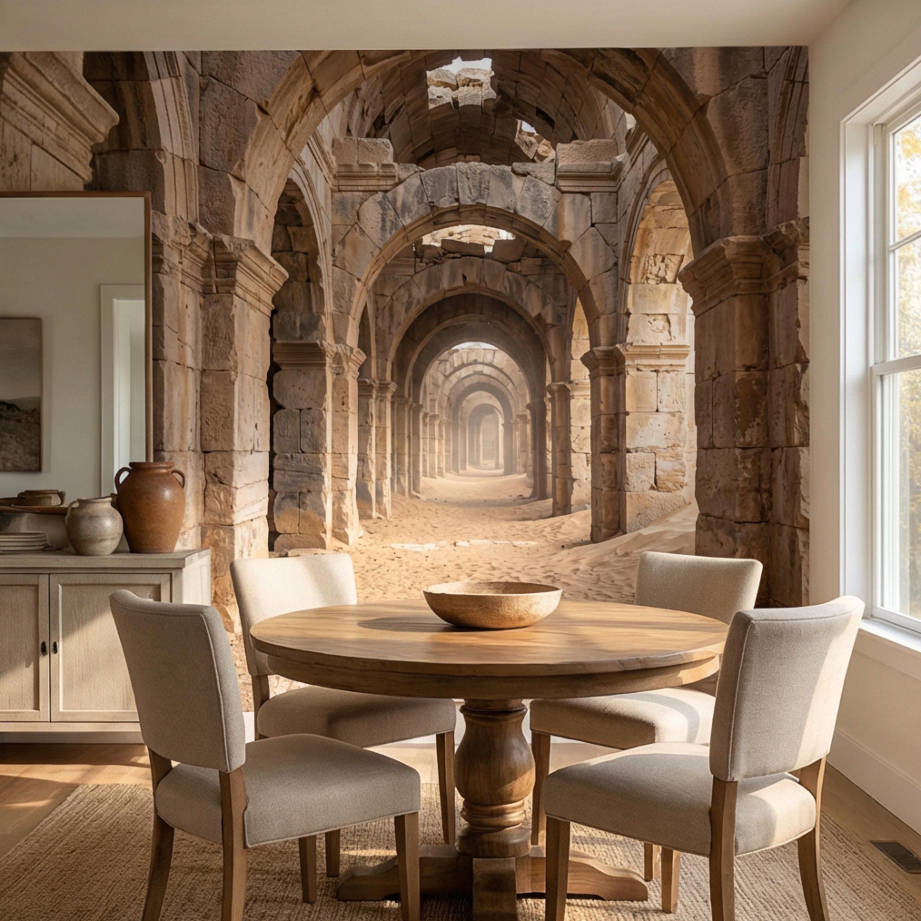 Ancient Roman Archway Ruins Peel and Stick Wall Mural, Old World Stone Corridor Wallpaper